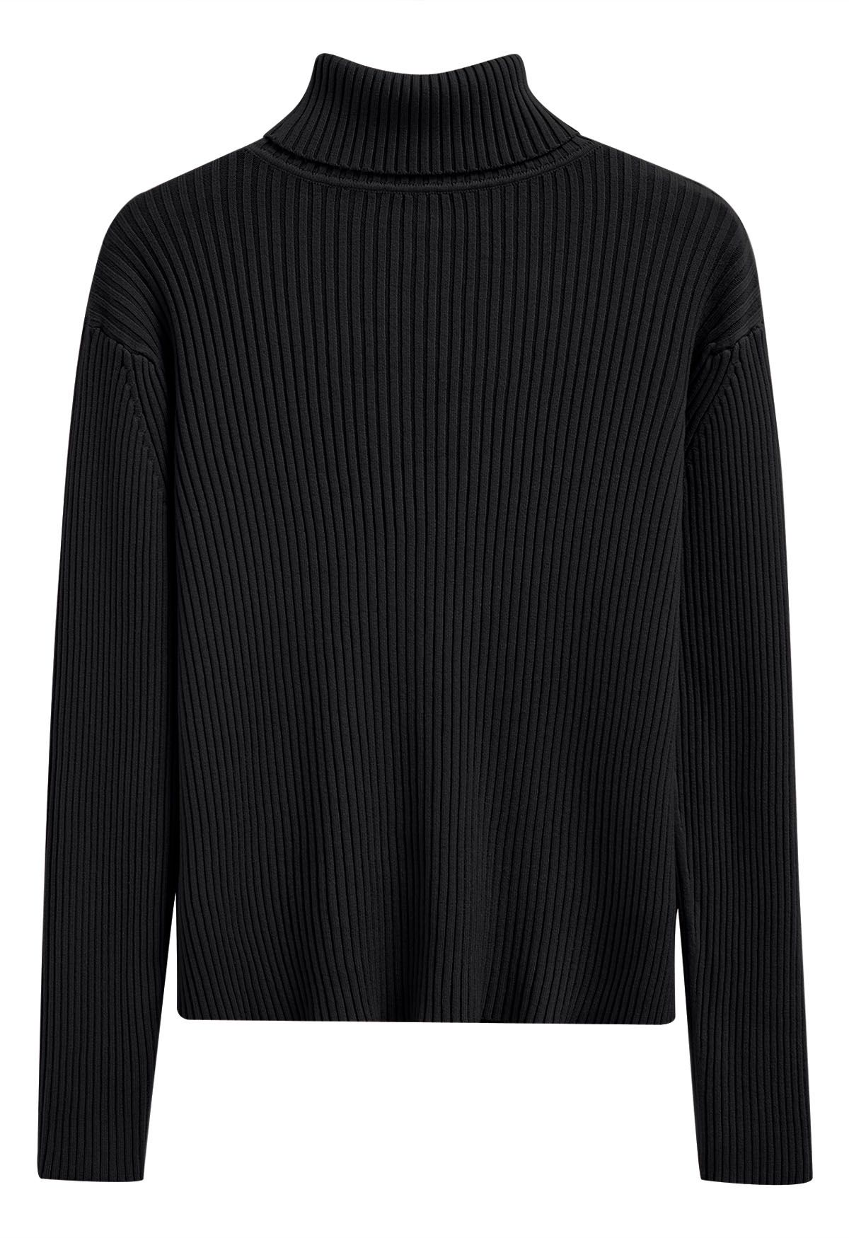 Versatile Turtleneck Ribbed Knit Sweater in Black