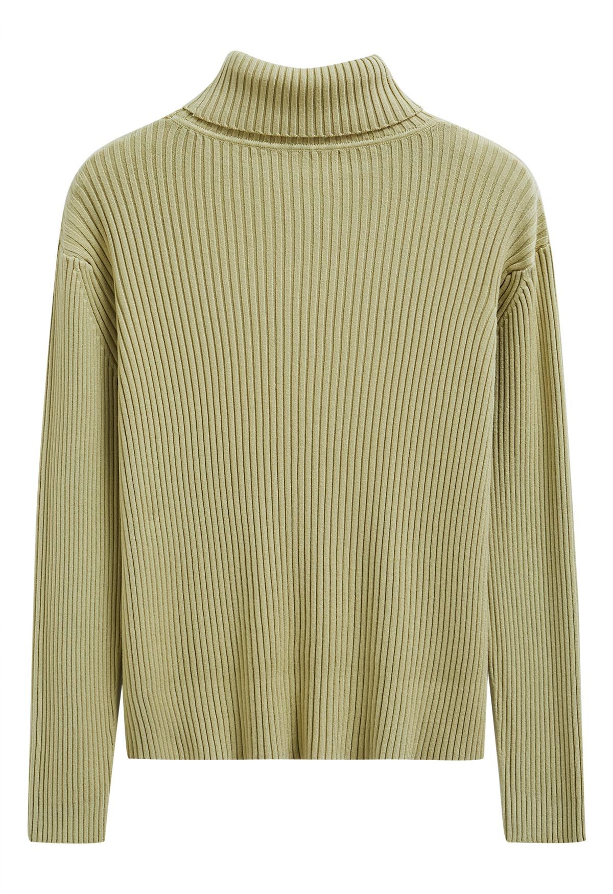 Versatile Turtleneck Ribbed Knit Sweater in Pistachio