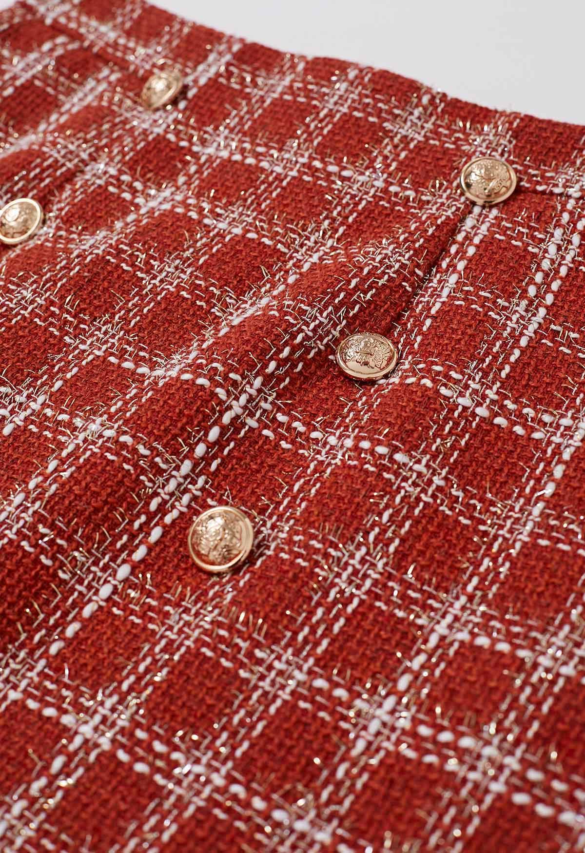 Golden Buttons Red Check Tweed Mini Skirt