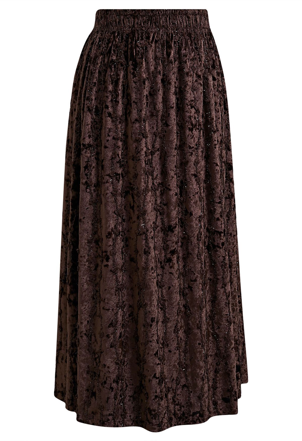 3D Floret Shimmer Fringe Velvet Midi Skirt in Brown