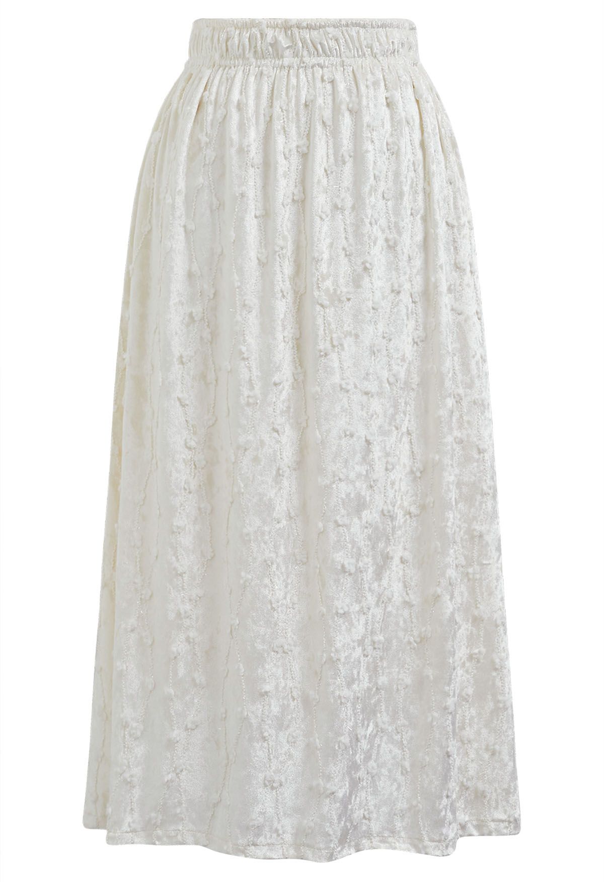 3D Floret Shimmer Fringe Velvet Midi Skirt in White