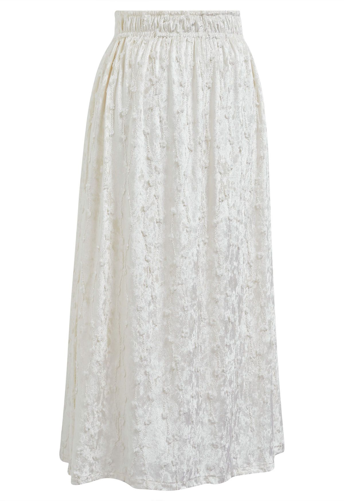 3D Floret Shimmer Fringe Velvet Midi Skirt in White