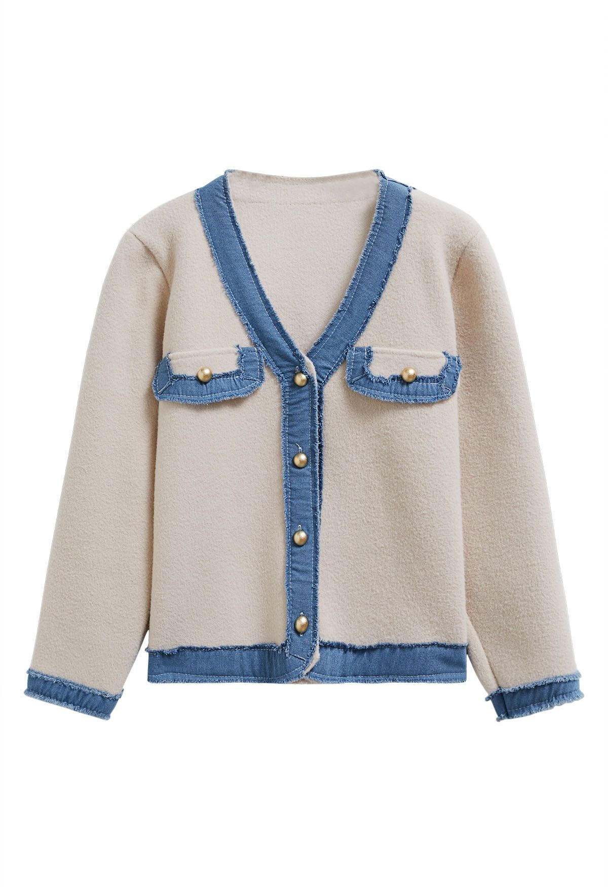 Frayed Denim Edge Spliced Button Knit Cardigan in Cream