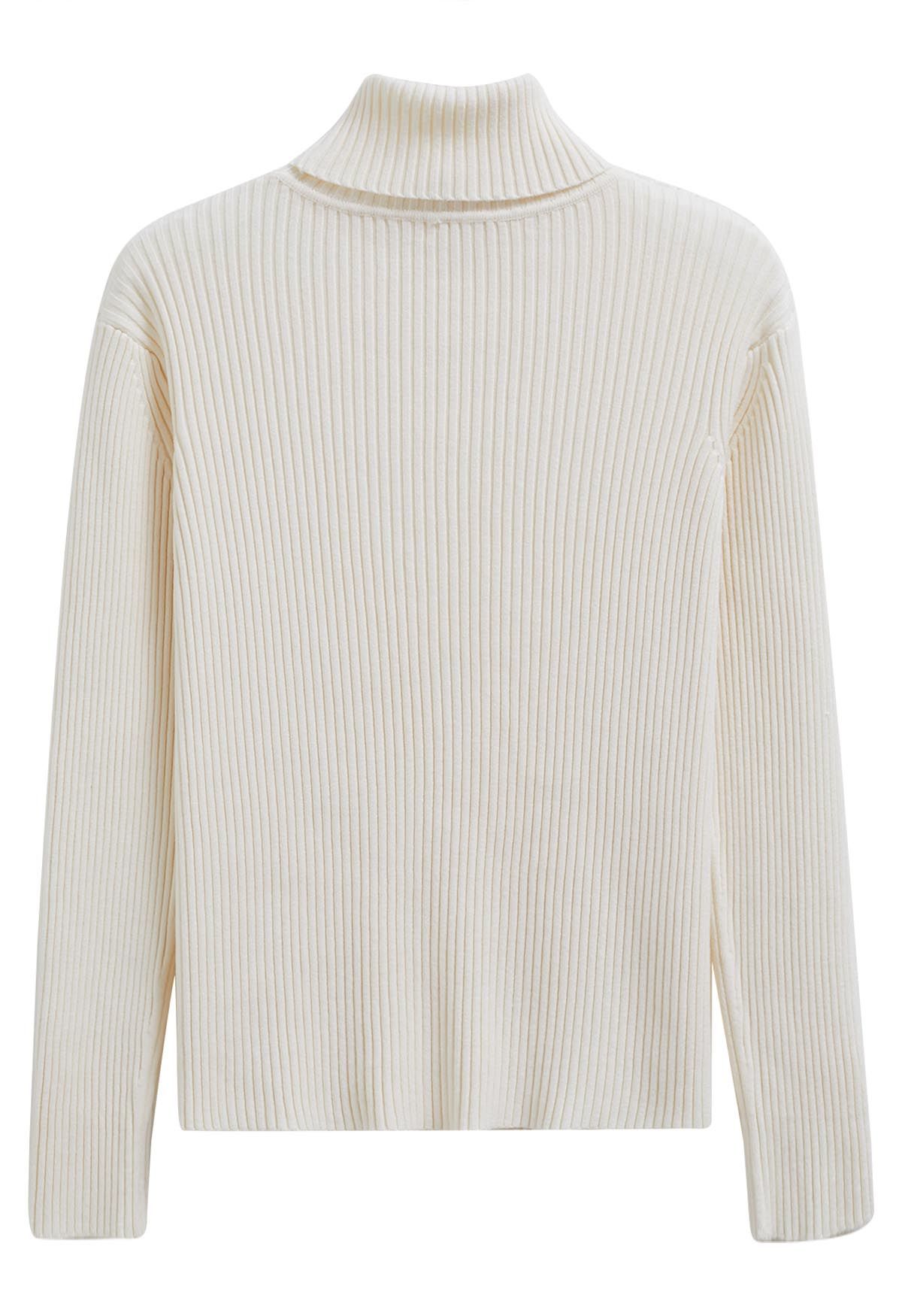 Versatile Turtleneck Ribbed Knit Sweater in Ivory