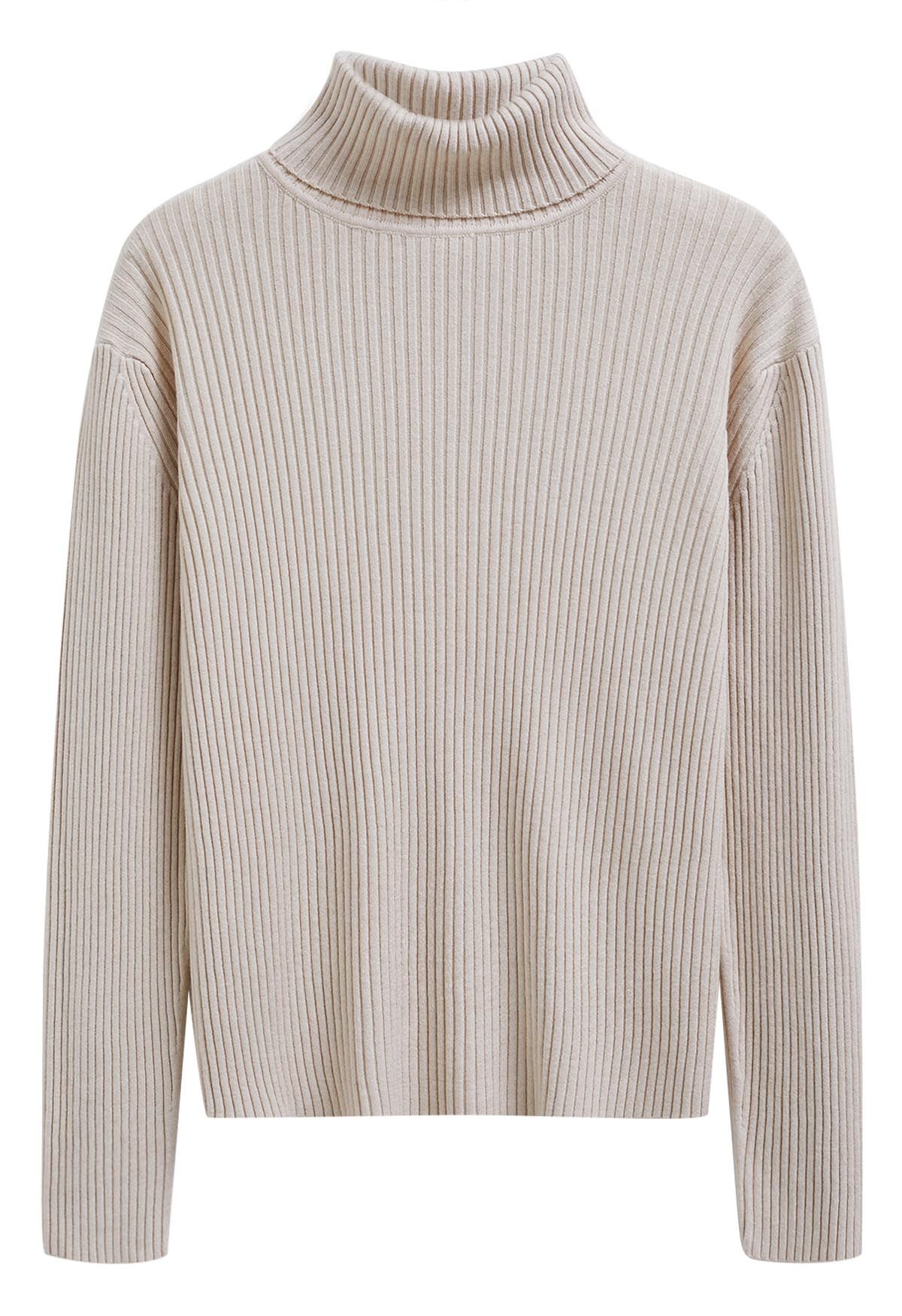 Versatile Turtleneck Ribbed Knit Sweater in Oatmeal