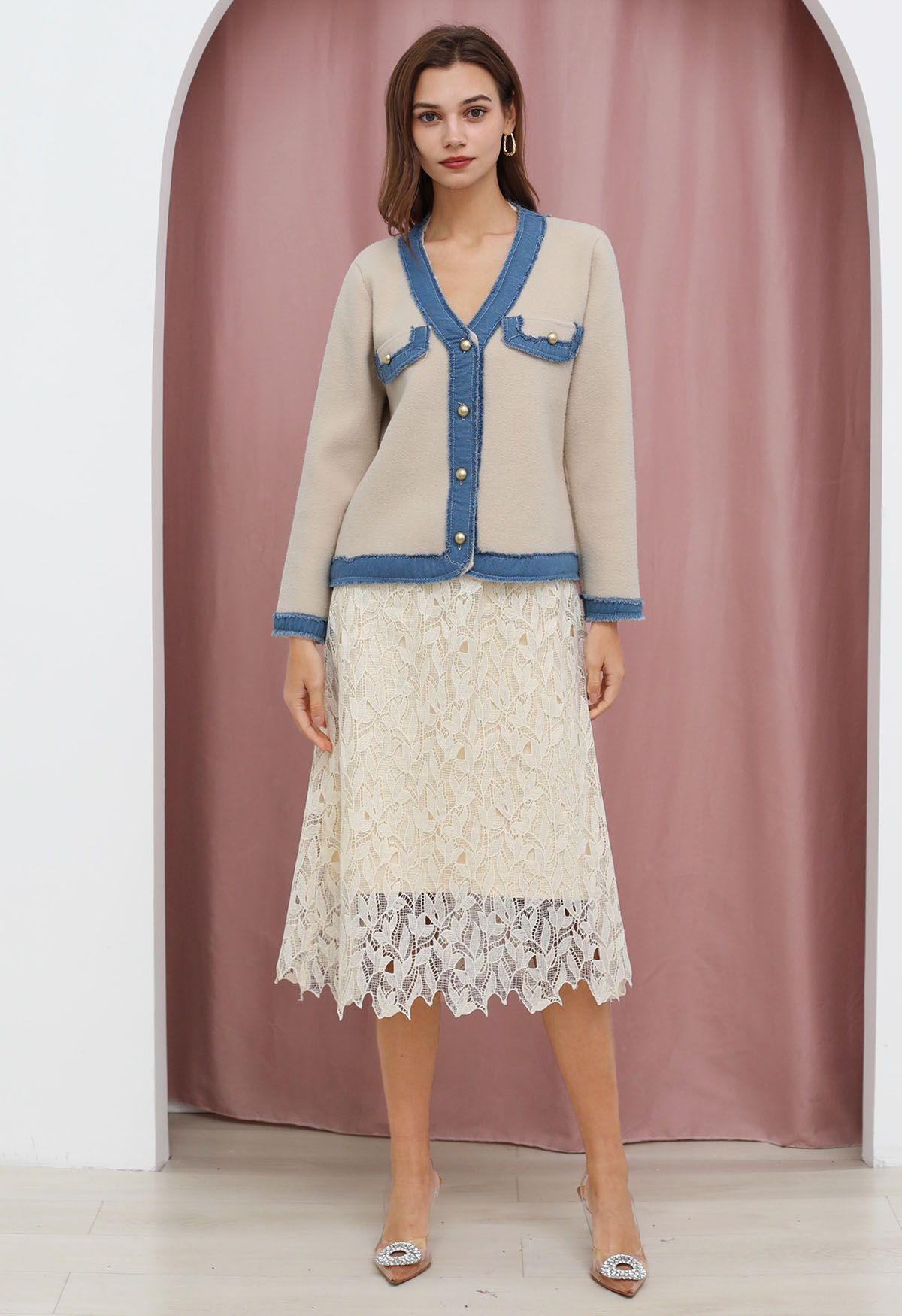 Frayed Denim Edge Spliced Button Knit Cardigan in Cream