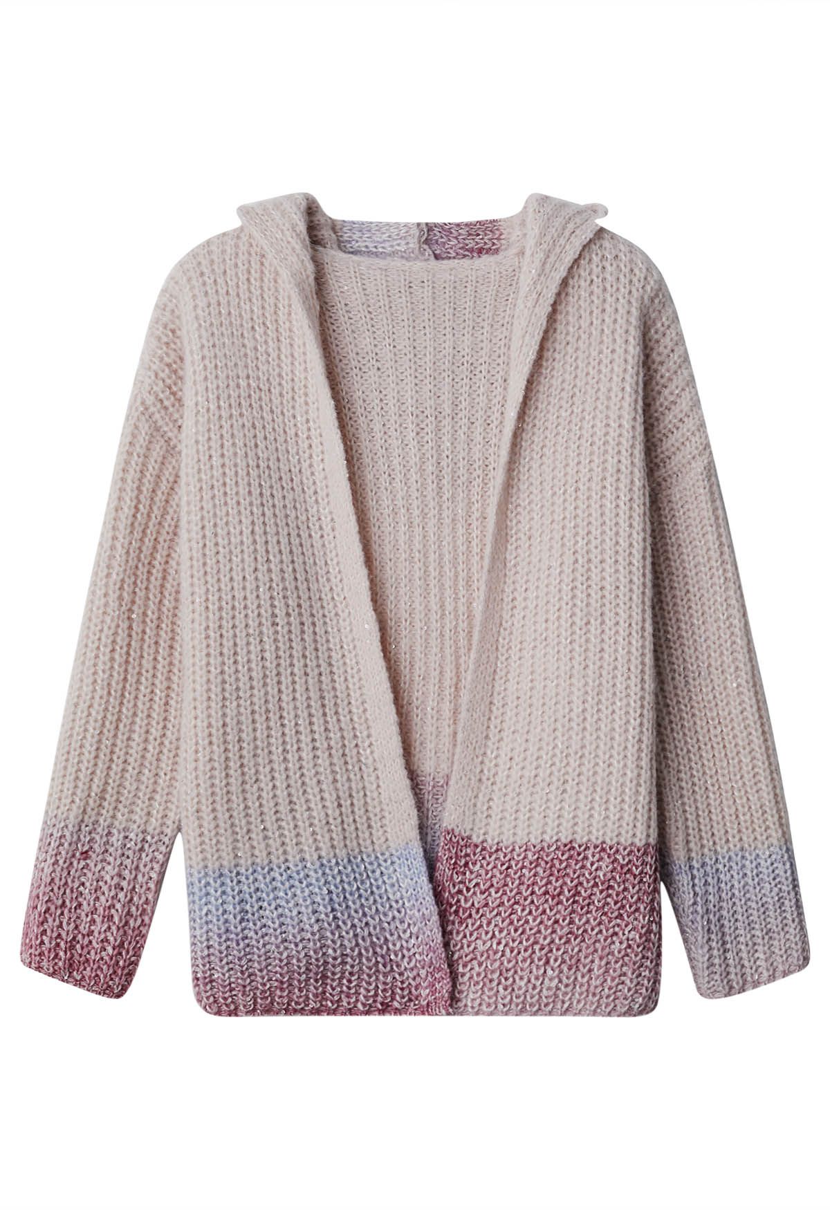 Gradient Pink Sequin Open Front Hooded Knit Cardigan