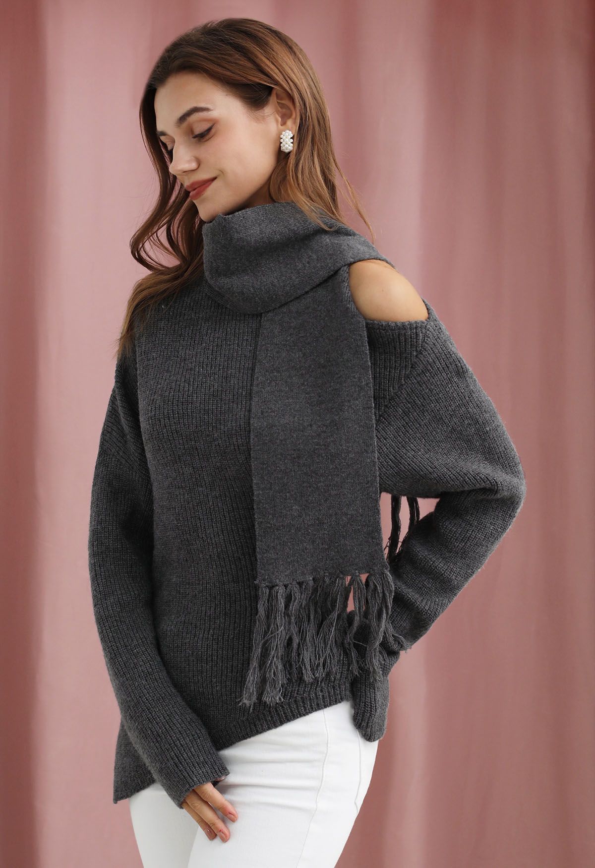 Asymmetric Ribbed Knit Sweater with Tassel Scarf in Smoke