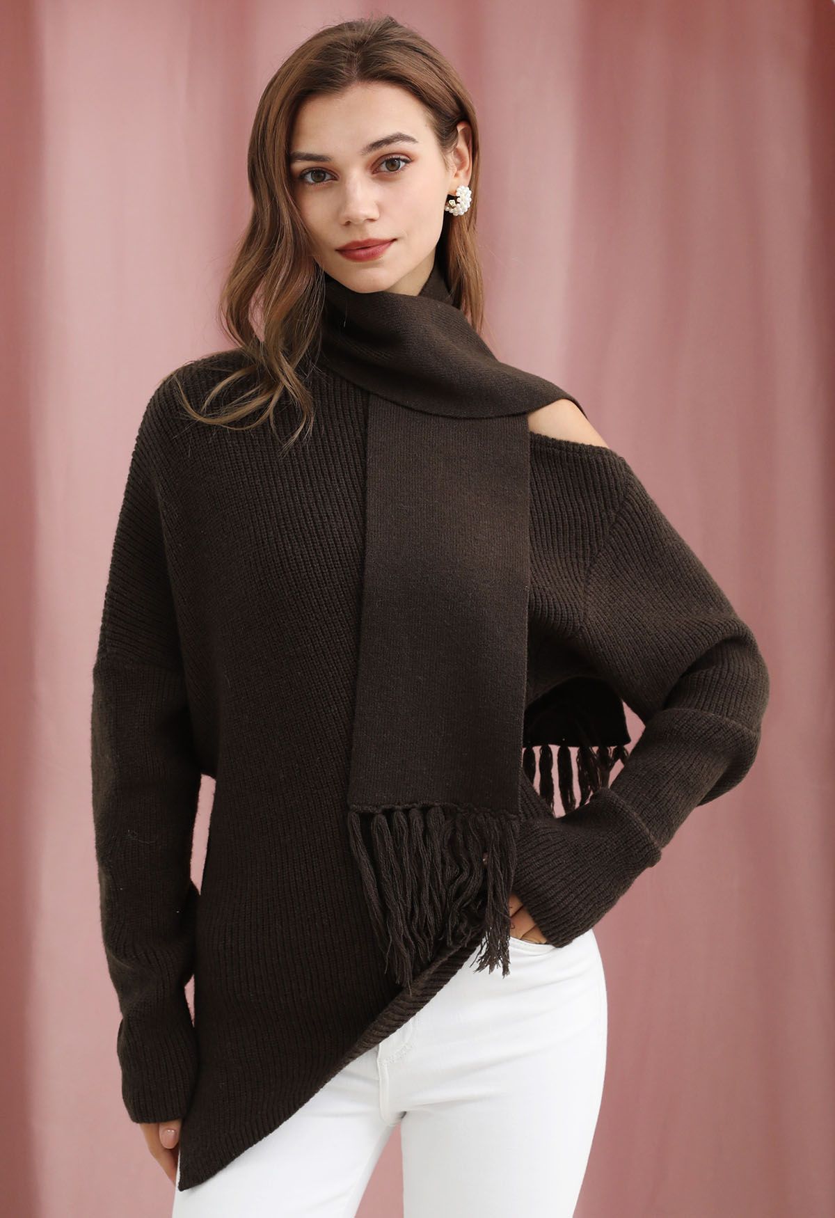 Asymmetric Ribbed Knit Sweater with Tassel Scarf in Brown