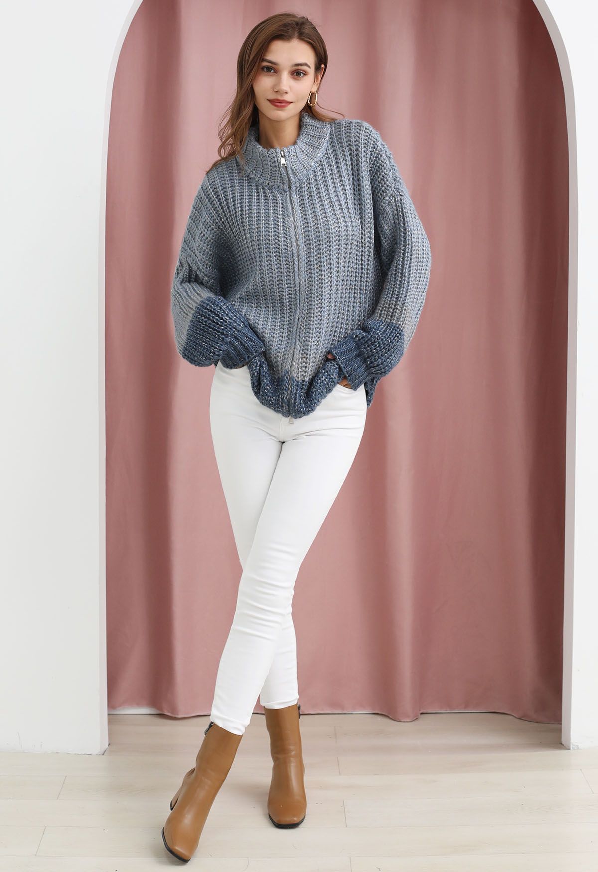 Two-Tone Sequin Chunky Knit Zip Up Cardigan in Dusty Blue