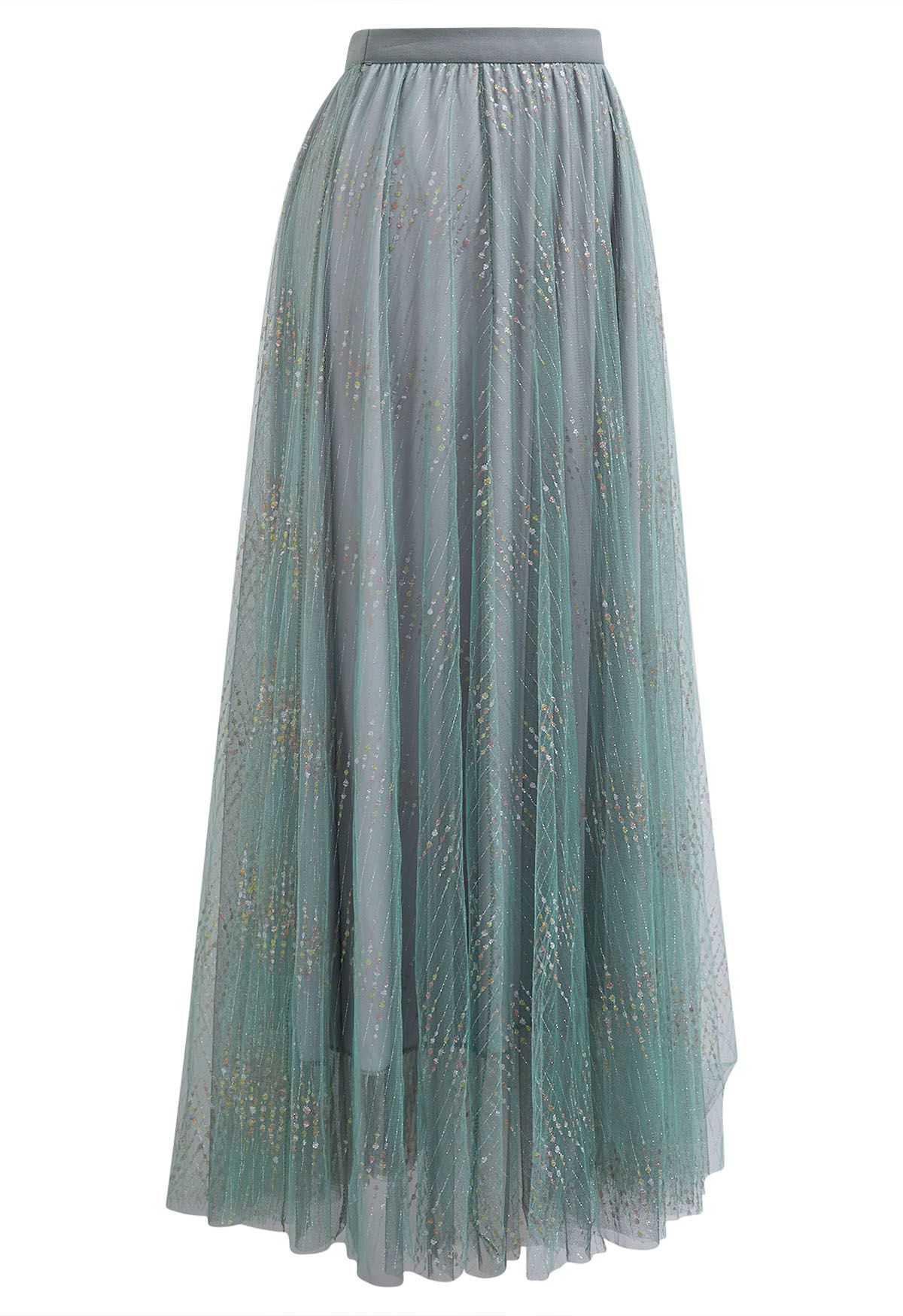 Glitter Thread Embroidery Mesh Tulle Maxi Skirt in Teal