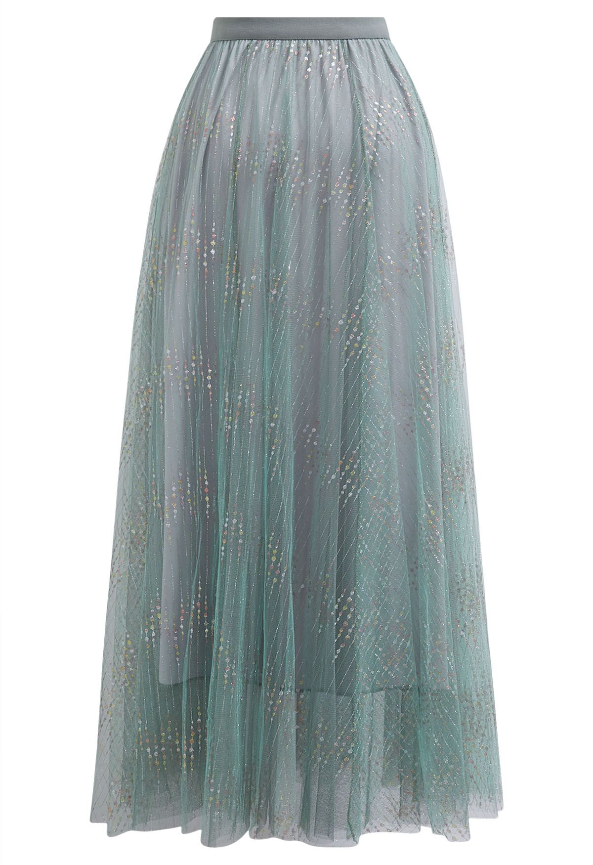 Glitter Thread Embroidery Mesh Tulle Maxi Skirt in Teal