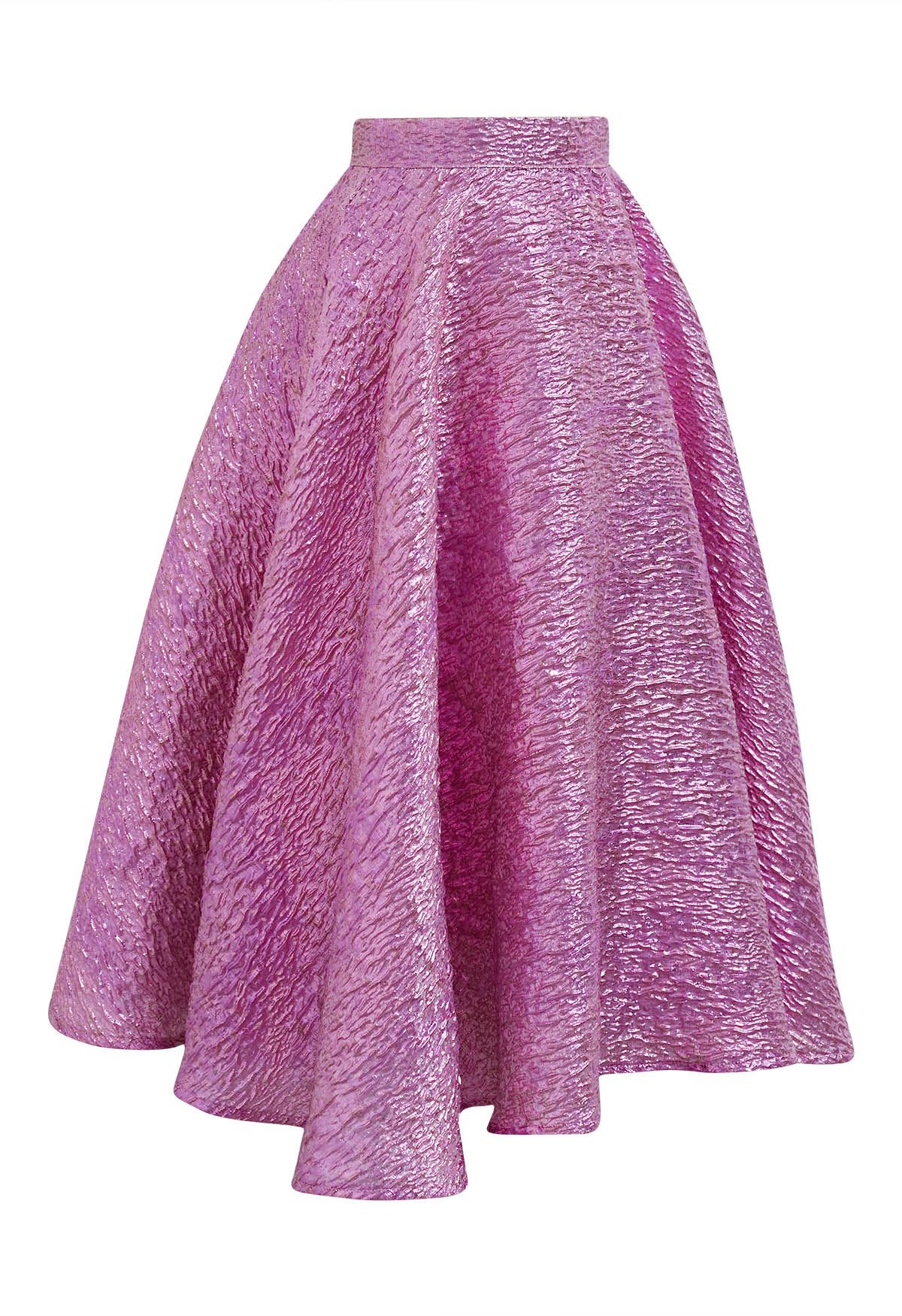 Shiny Pink Embossed Texture Jacquard Flare Midi Skirt