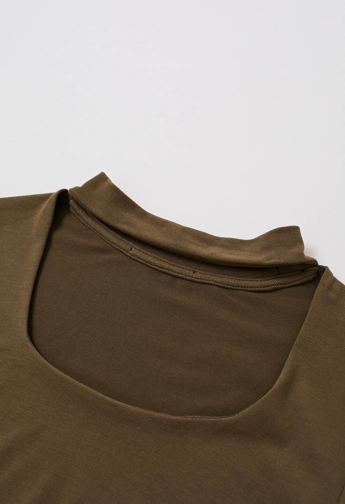 Cut Out Choker Neck Ruched Top in Brown