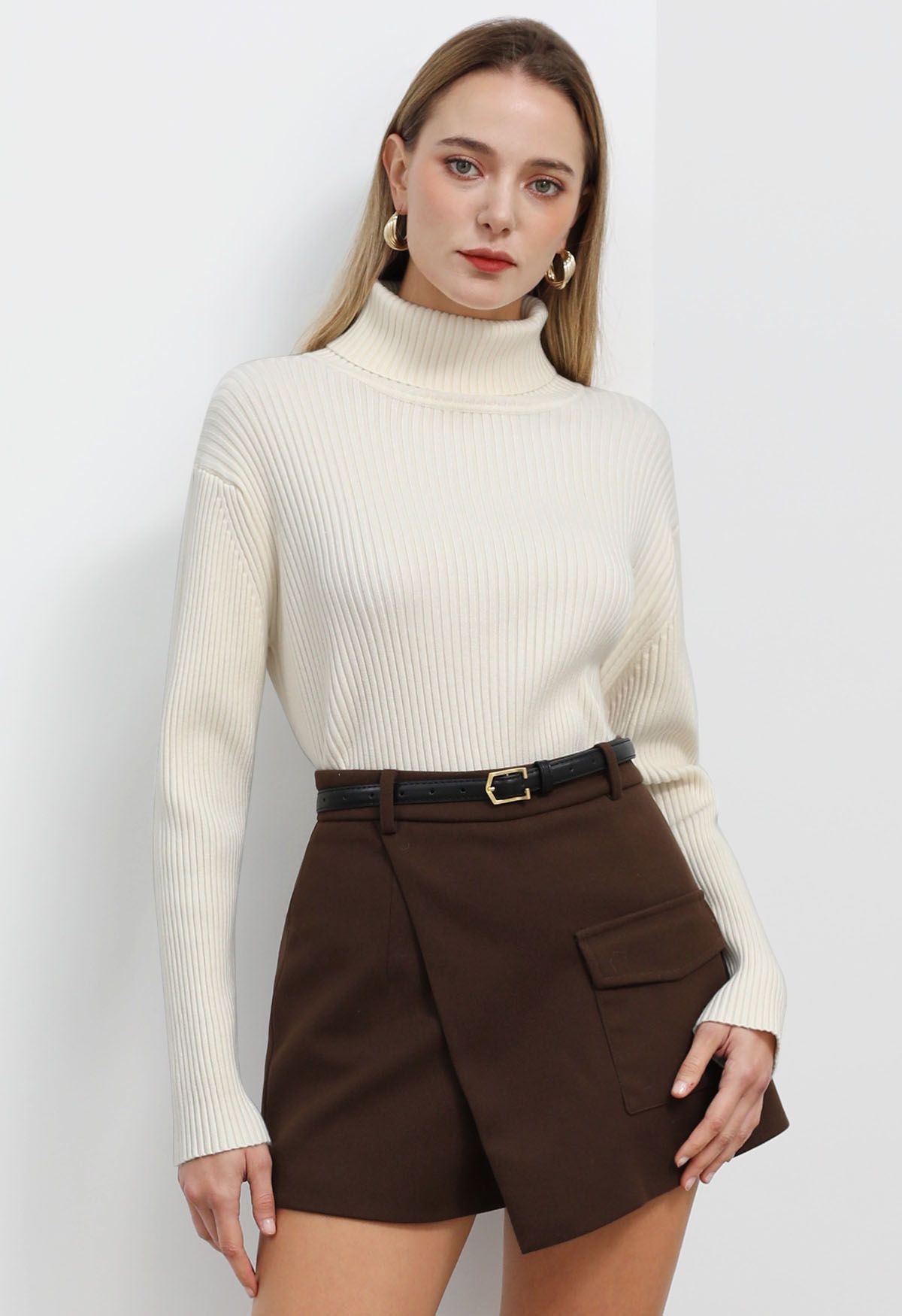 Flap Pocket Wool-Blend Belted Mini Skorts in Brown