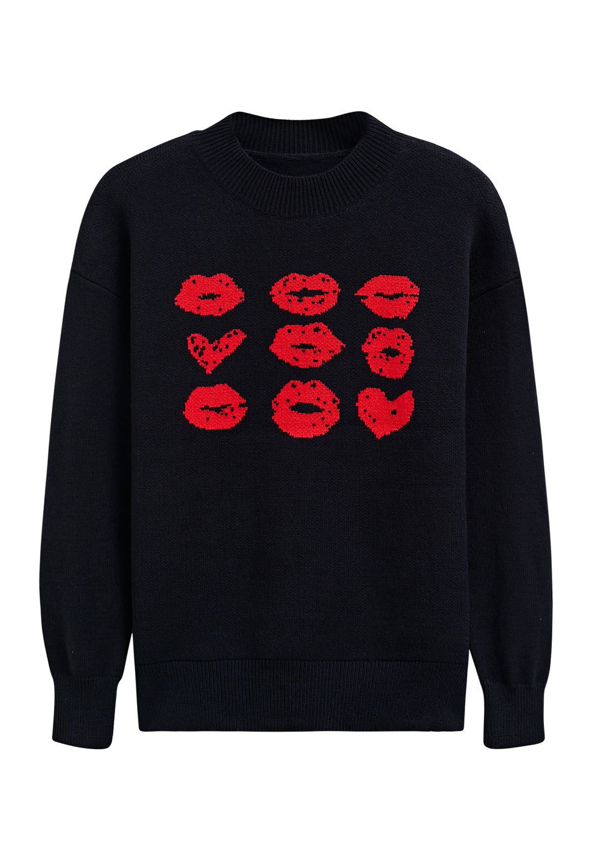 Red Lips Pattern Knit Sweater in Black