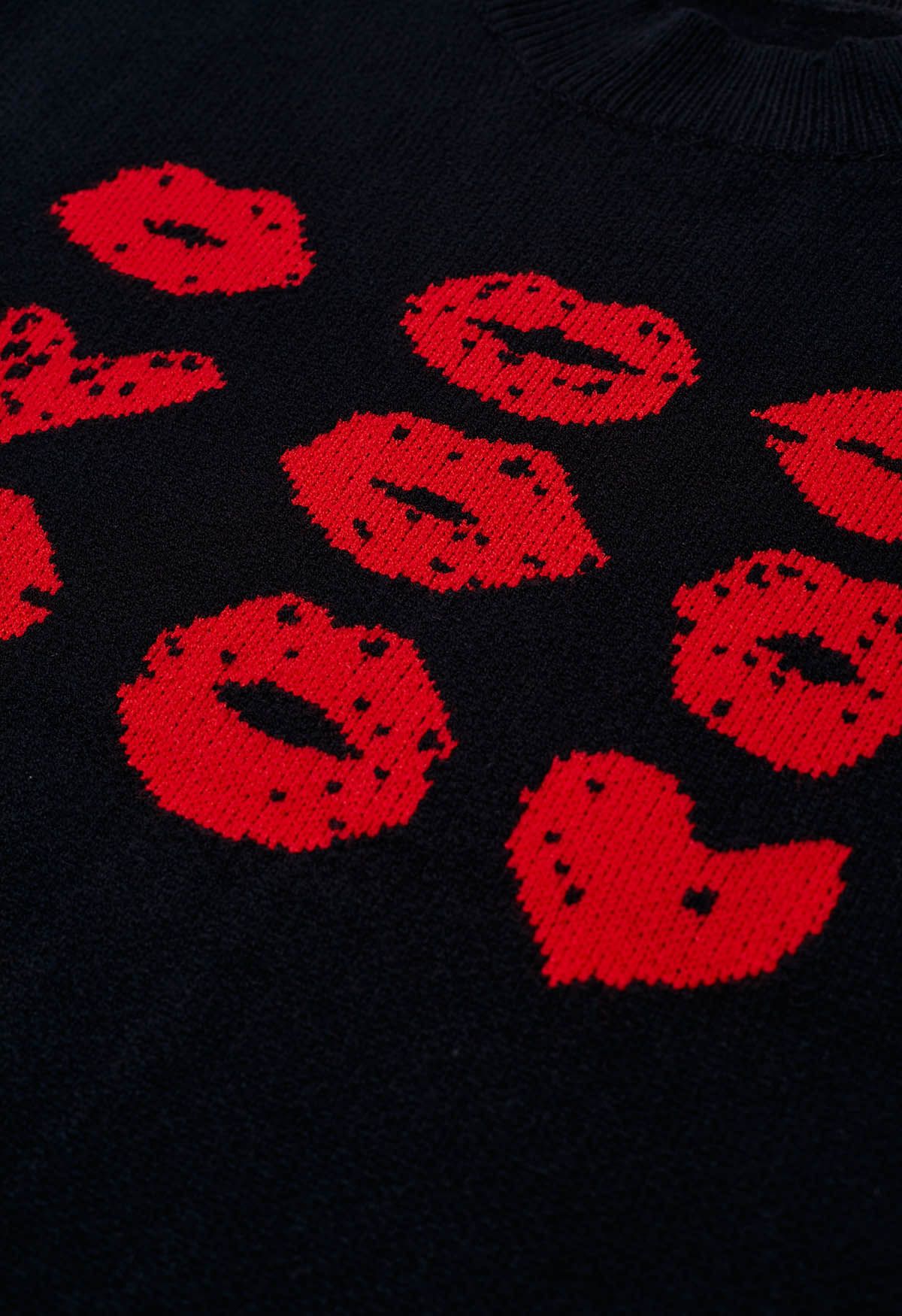 Red Lips Pattern Knit Sweater in Black