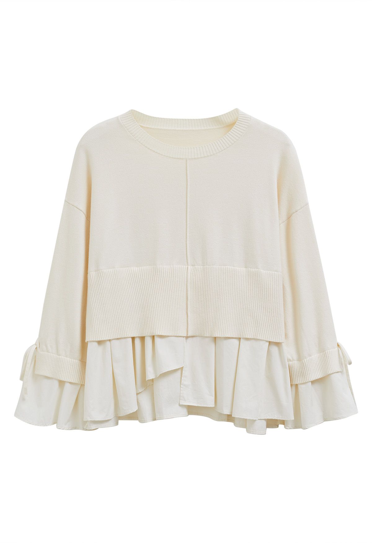 Tie-String Cuffs Spliced Cotton Hem Knit Top in Cream