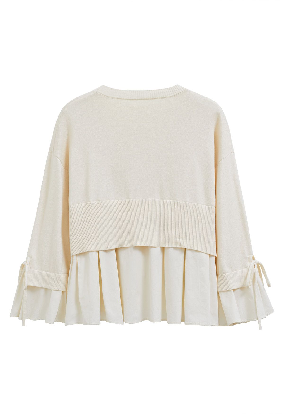 Tie-String Cuffs Spliced Cotton Hem Knit Top in Cream