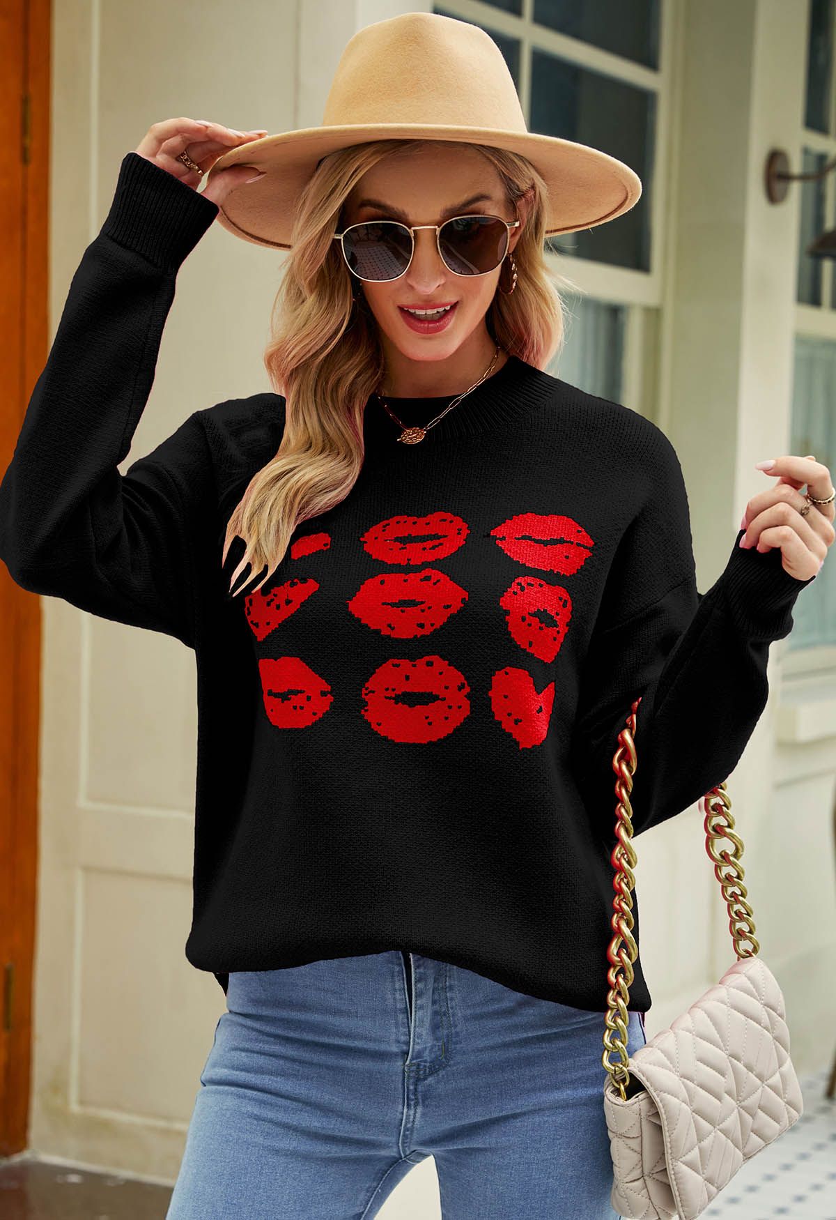 Red Lips Pattern Knit Sweater in Black