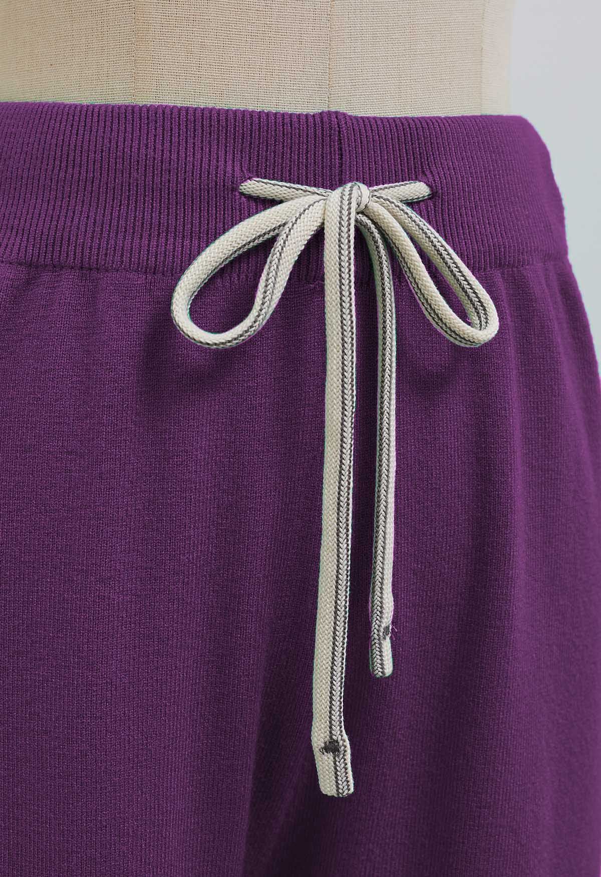 Ribbed Detailing Drawstring Waist Knit Pants in Purple