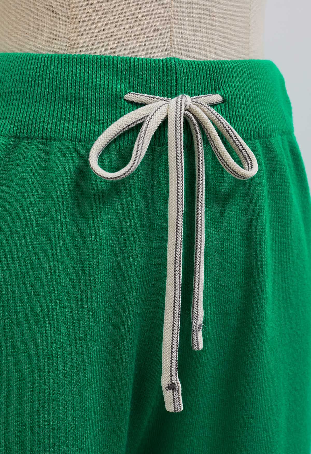 Ribbed Detailing Drawstring Waist Knit Pants in Green