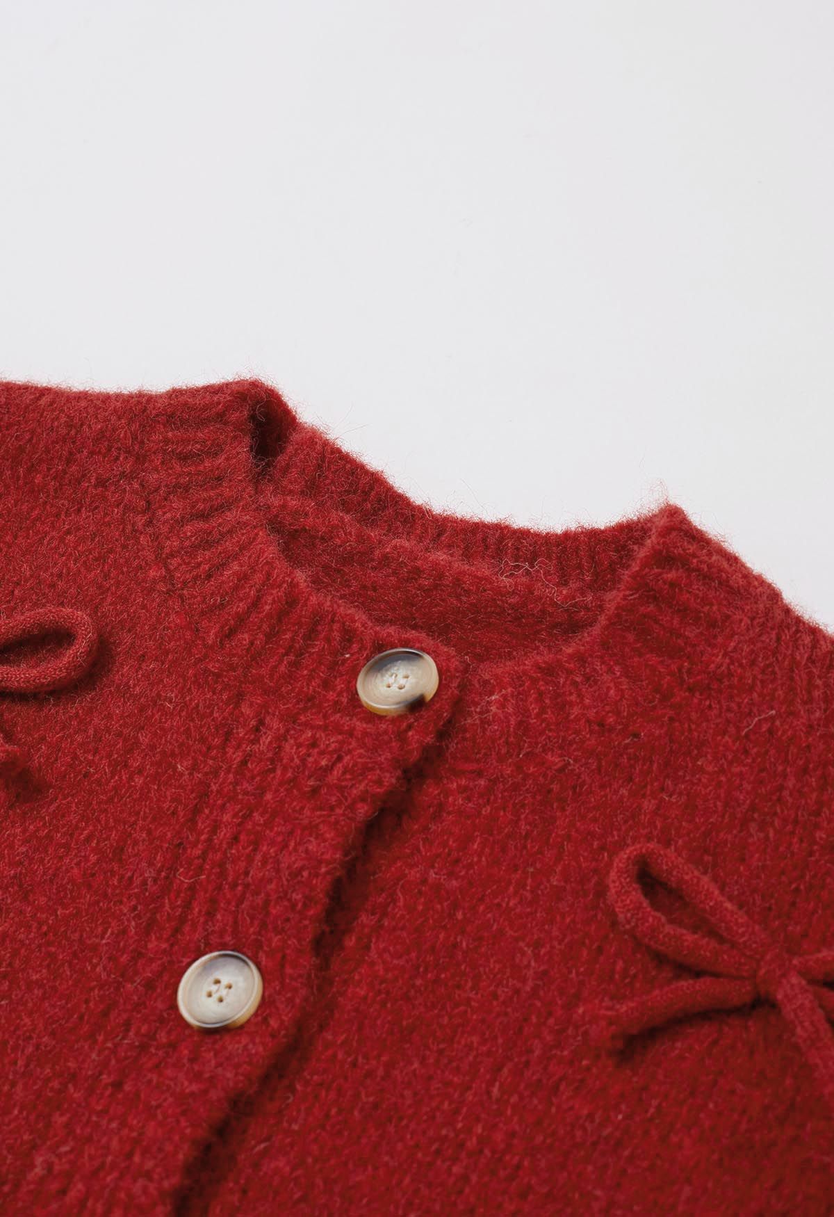 Adorable Bowknot Buttoned Knit Cardigan in Red