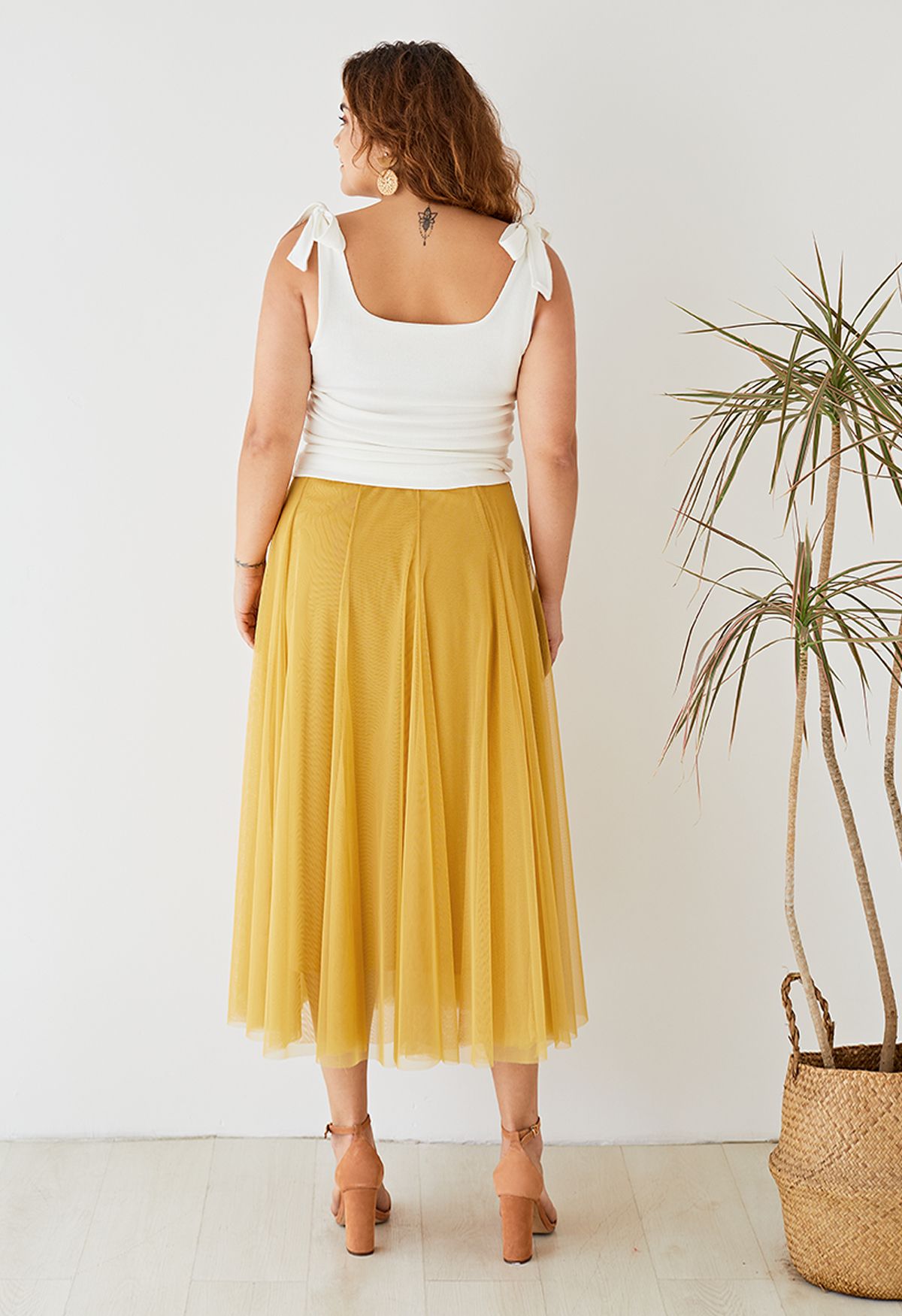 薄紗曡層中長裙-黃色