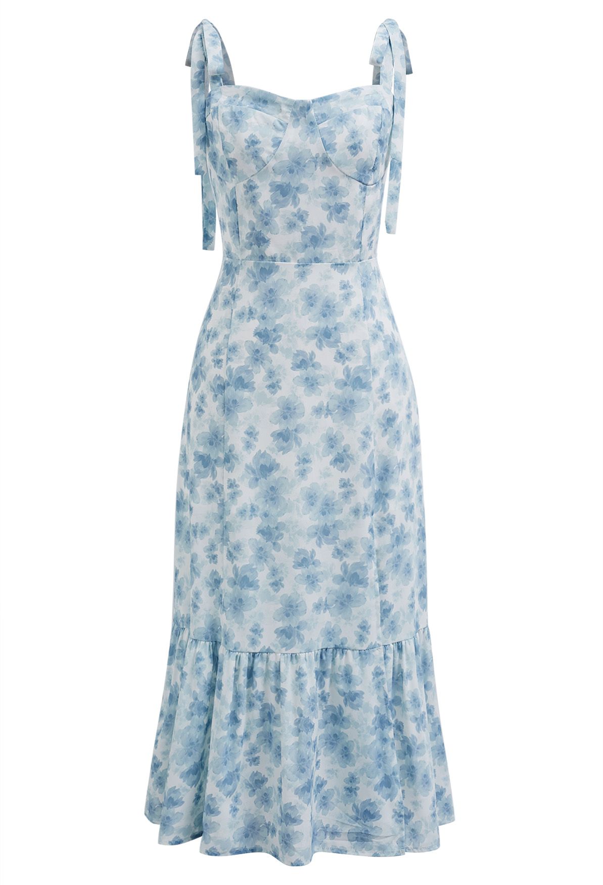 Floral Tie-Shoulder Split Midi Dress in Blue