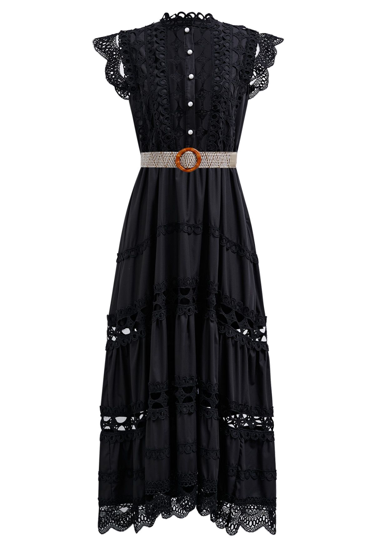 Belted Cutwork Pearly Sleeveless Maxi Dress in Black