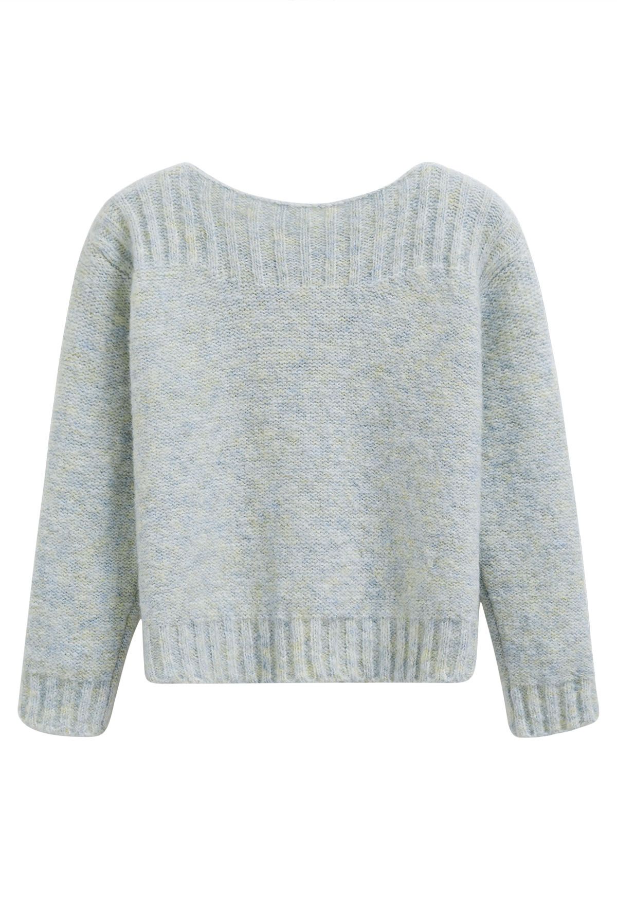 Boat Neck Ribbed Detailing Knit Sweater in Baby Blue