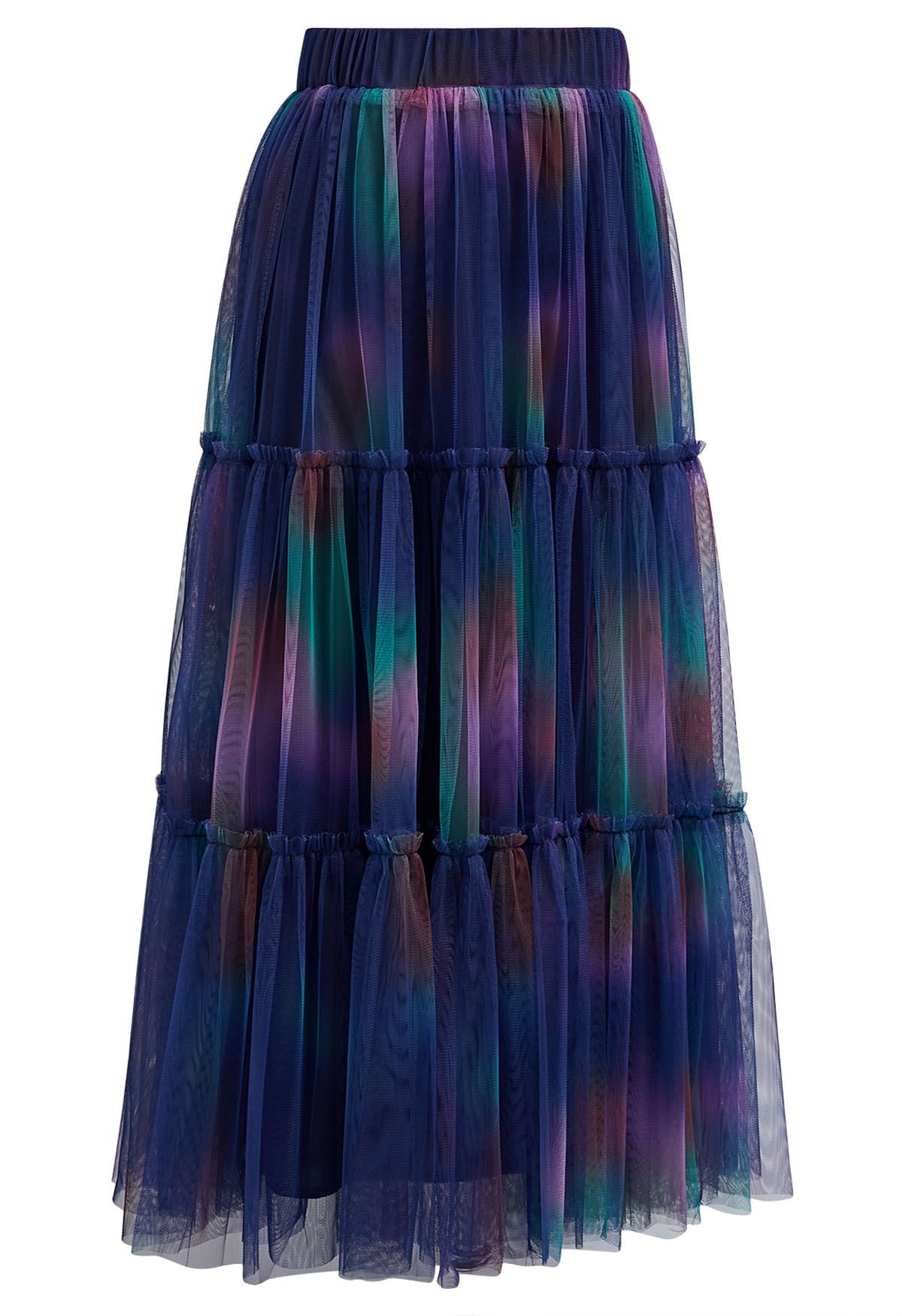 Tie Dye Double-Layered Mesh Tulle Skirt in Indigo