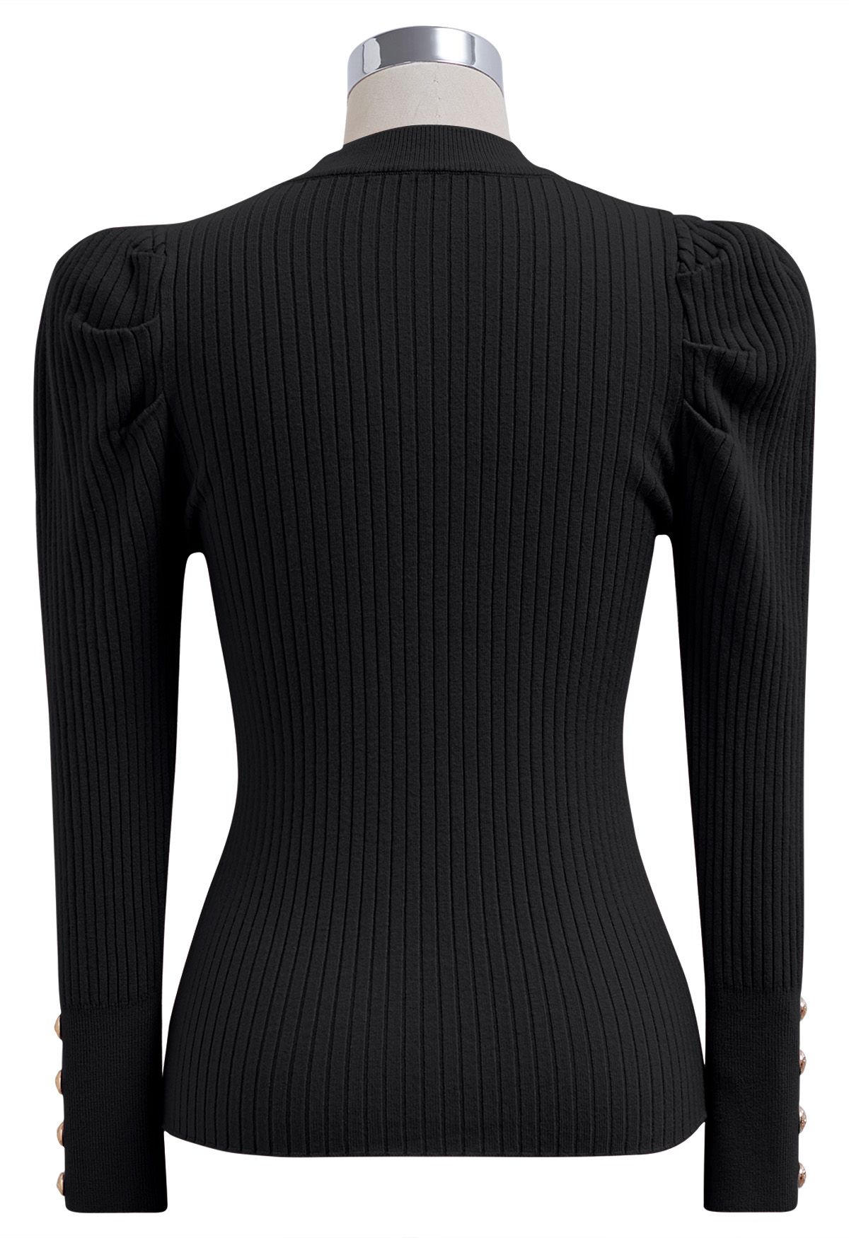 Modern Gigot Sleeves Rib Knit Top in Black