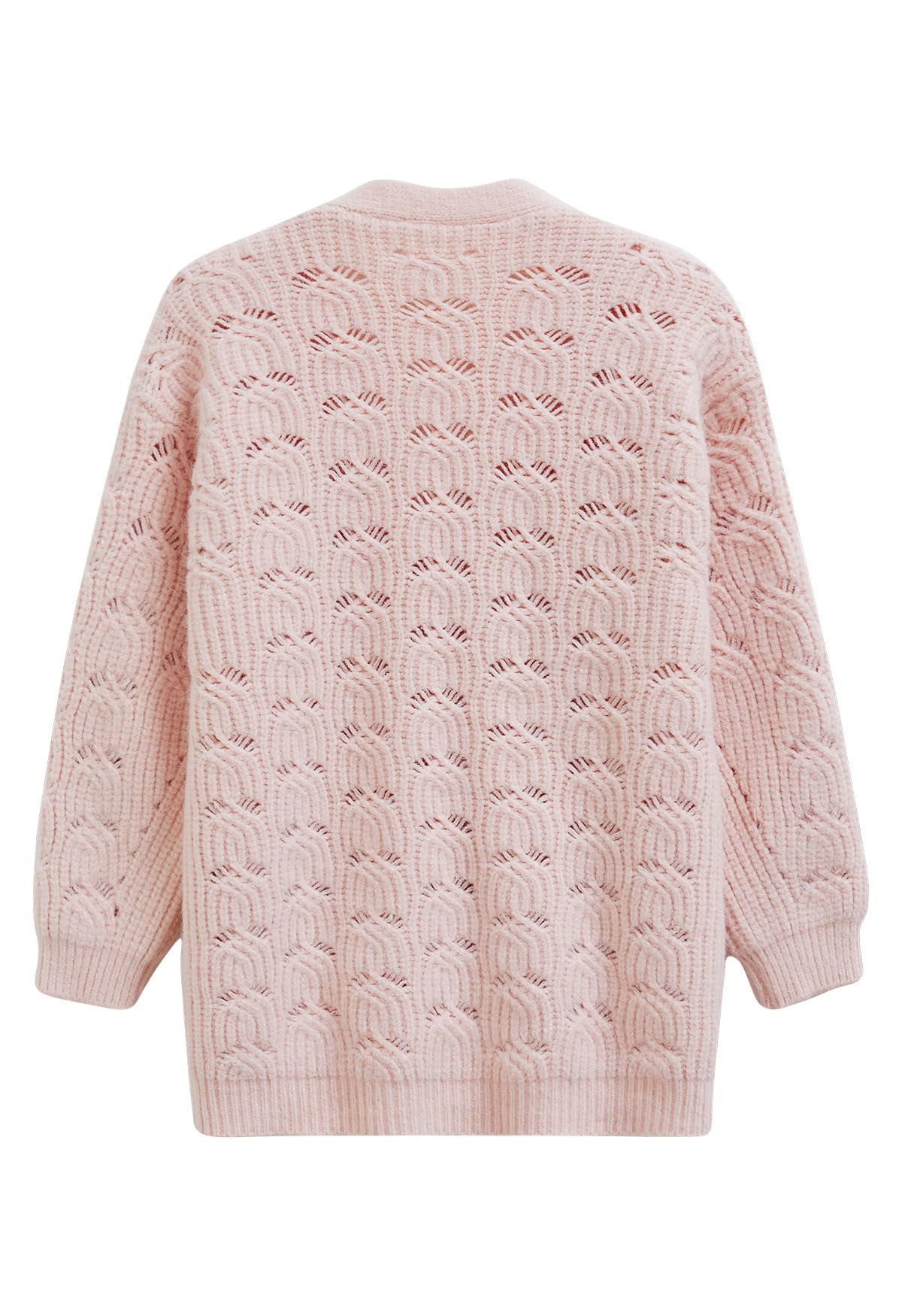 Button Front Pointelle Knit Cardigan in Pink