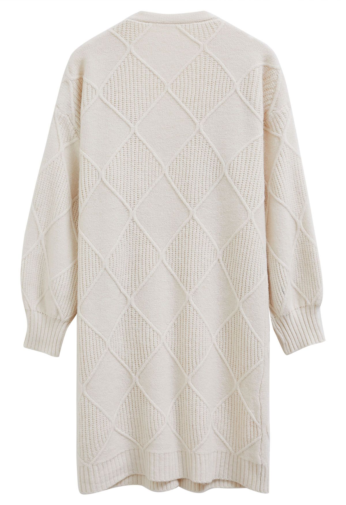 Ribbed Diamond Open Front Longline Cardigan in Ivory