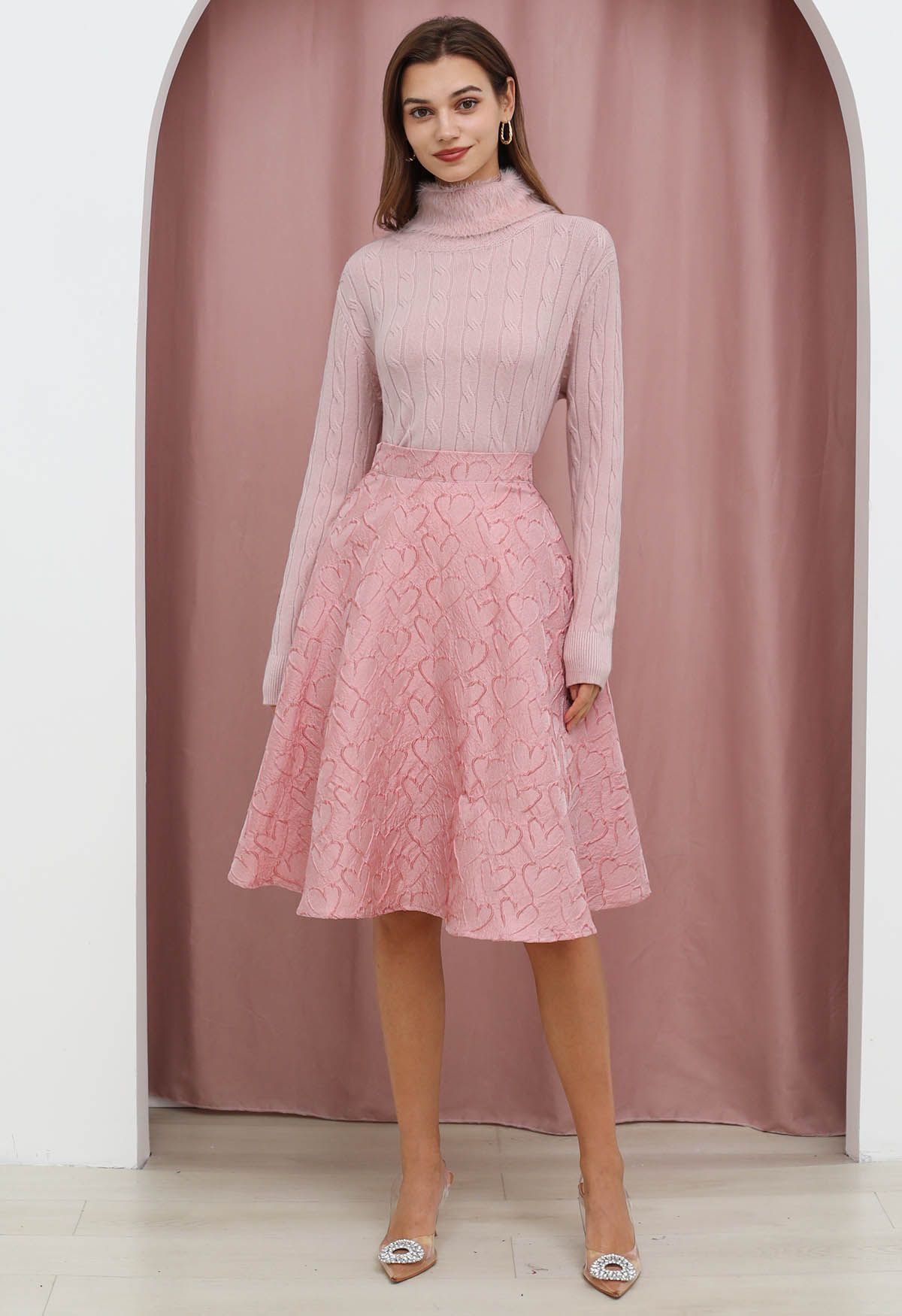 Pastel Heart Texture Flare Skirt in Pink