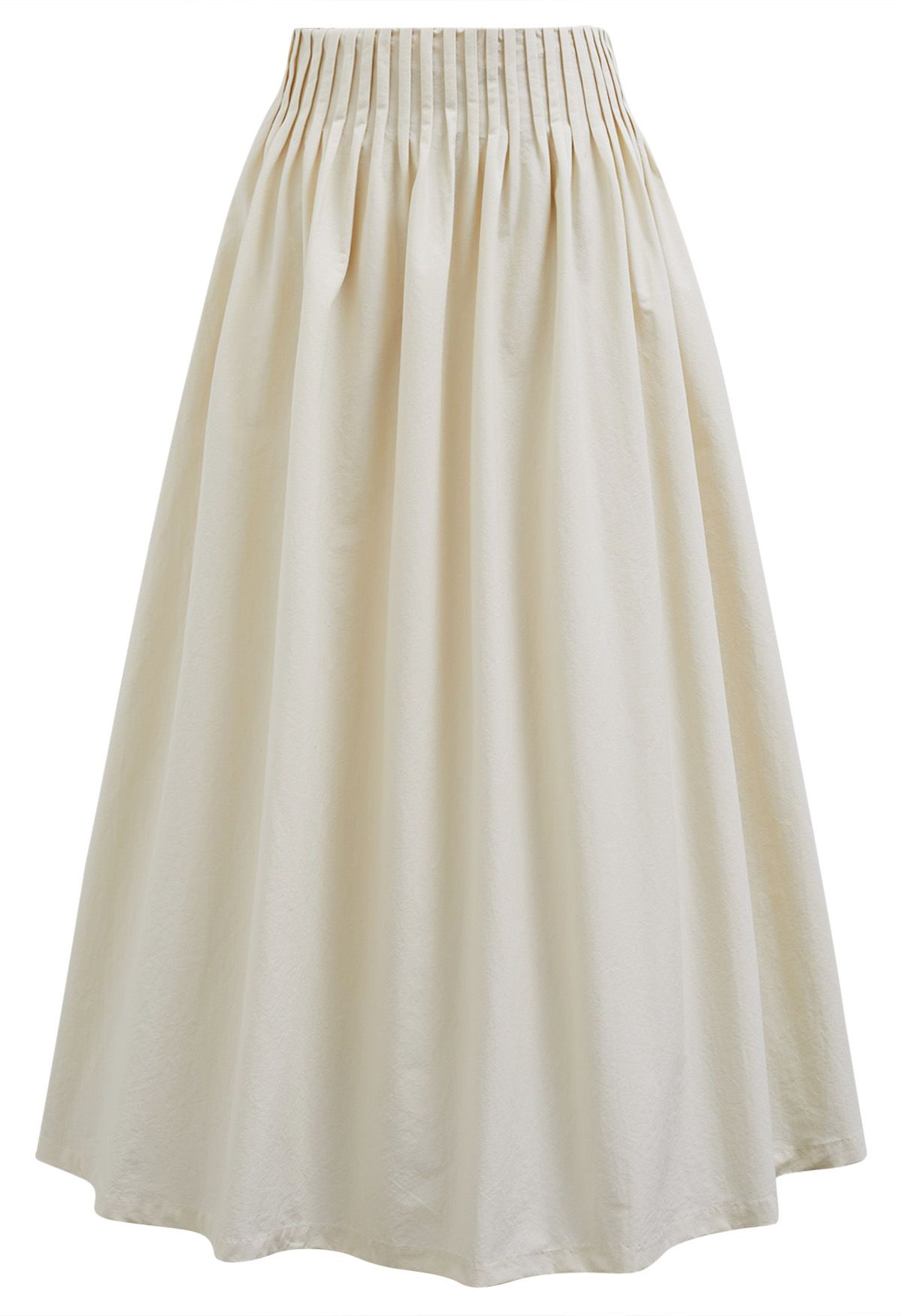 Casual Pleated Waist Cotton Maxi Skirt in Cream