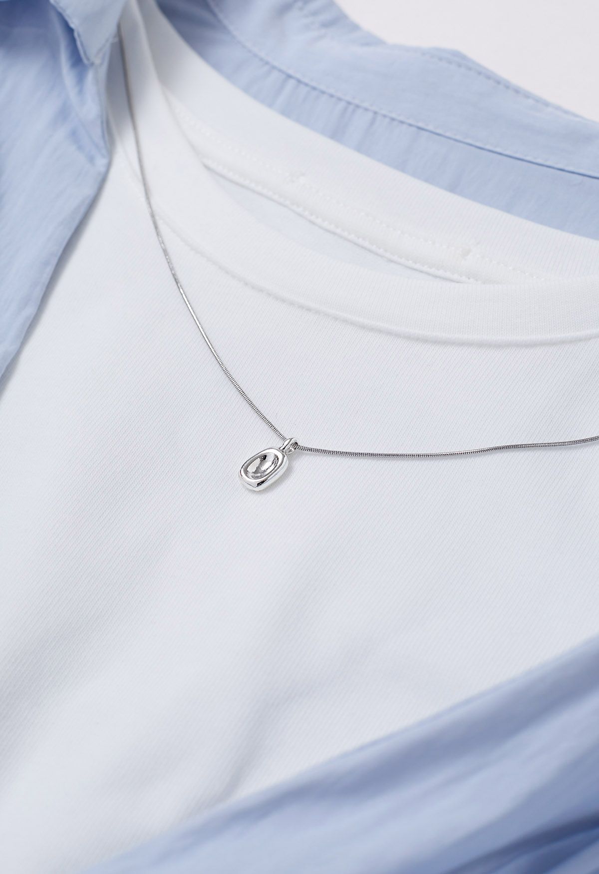 Necklace Decorated Fake Two-Piece Shirt in Light Blue