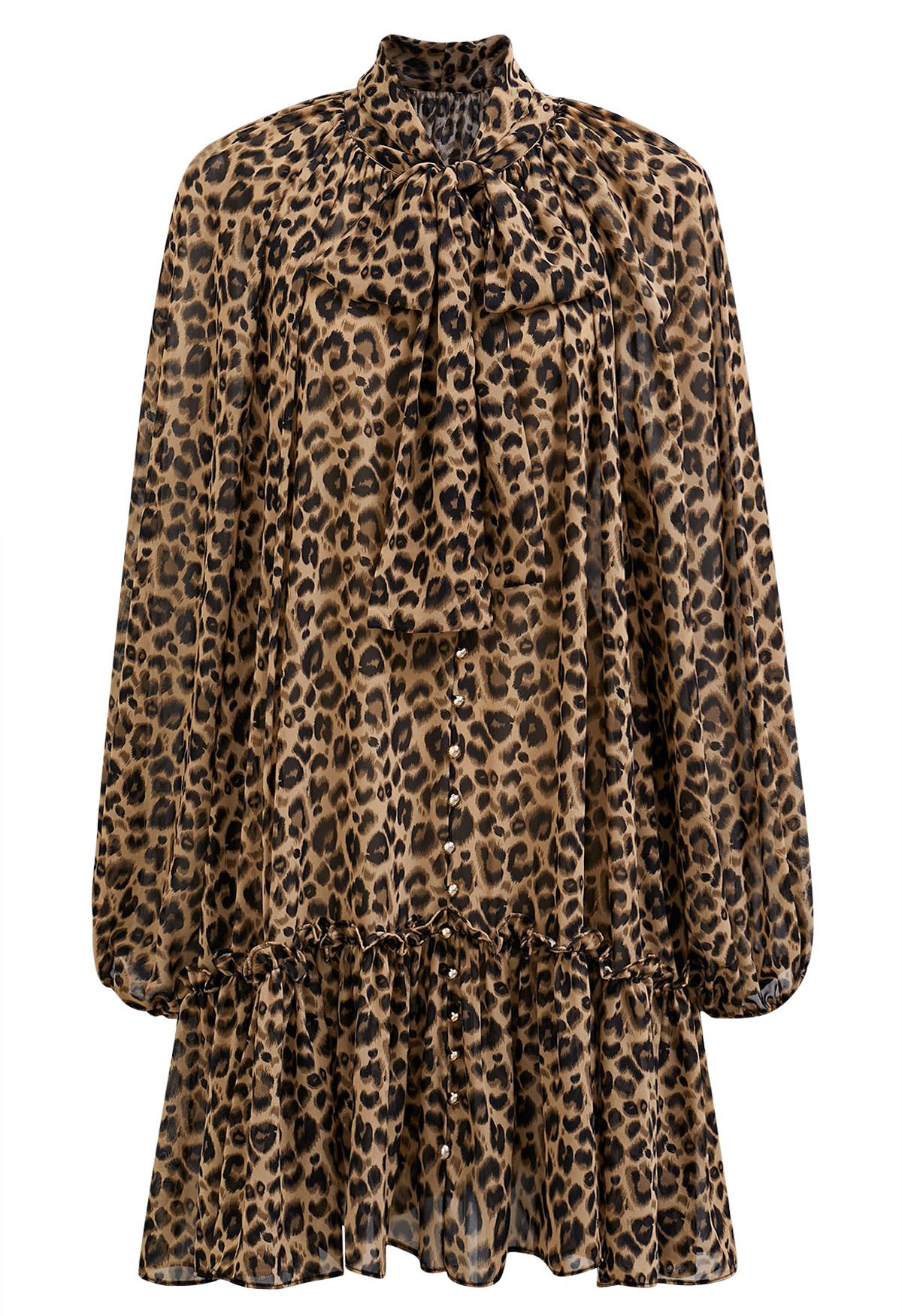 Leopard Print Self-Tie Neckline Chiffon Mini Dress