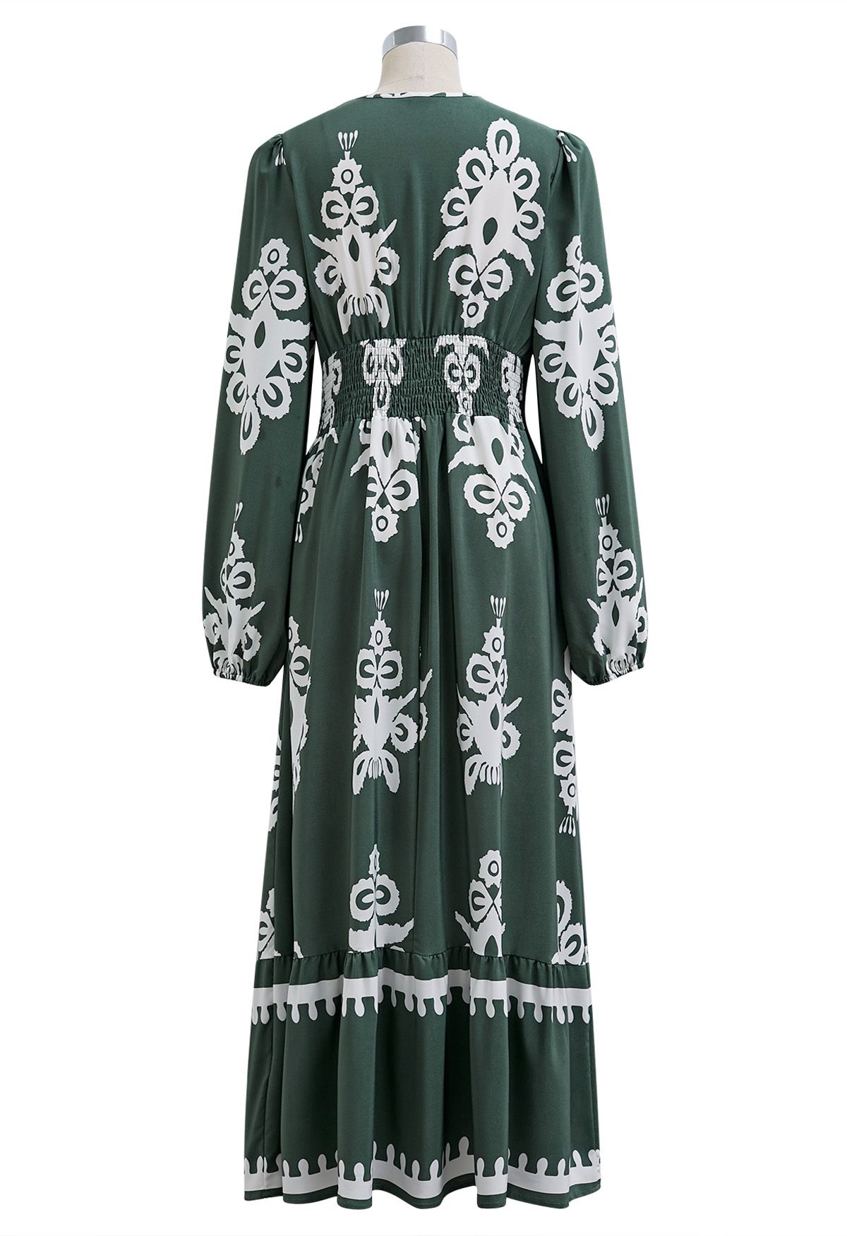 Classy Retro Print Deep V-Neck Shirred Maxi Dress