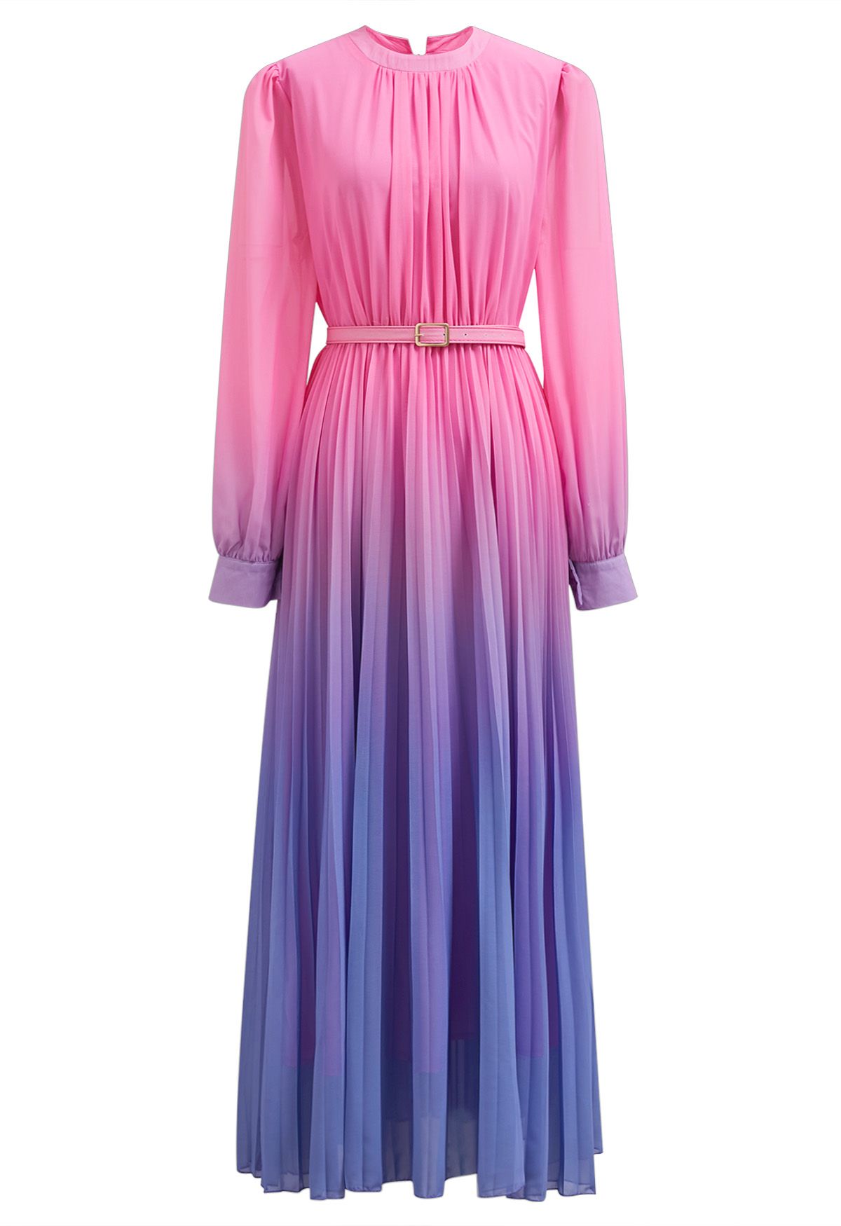 Pink-Purple Ombre Pleated Belt Chiffon Maxi Dress