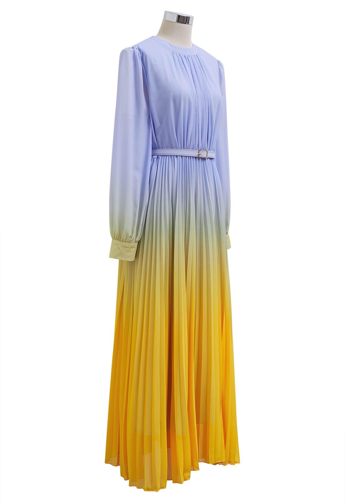 Blue-Yellow Ombre Pleated Belt Chiffon Maxi Dress