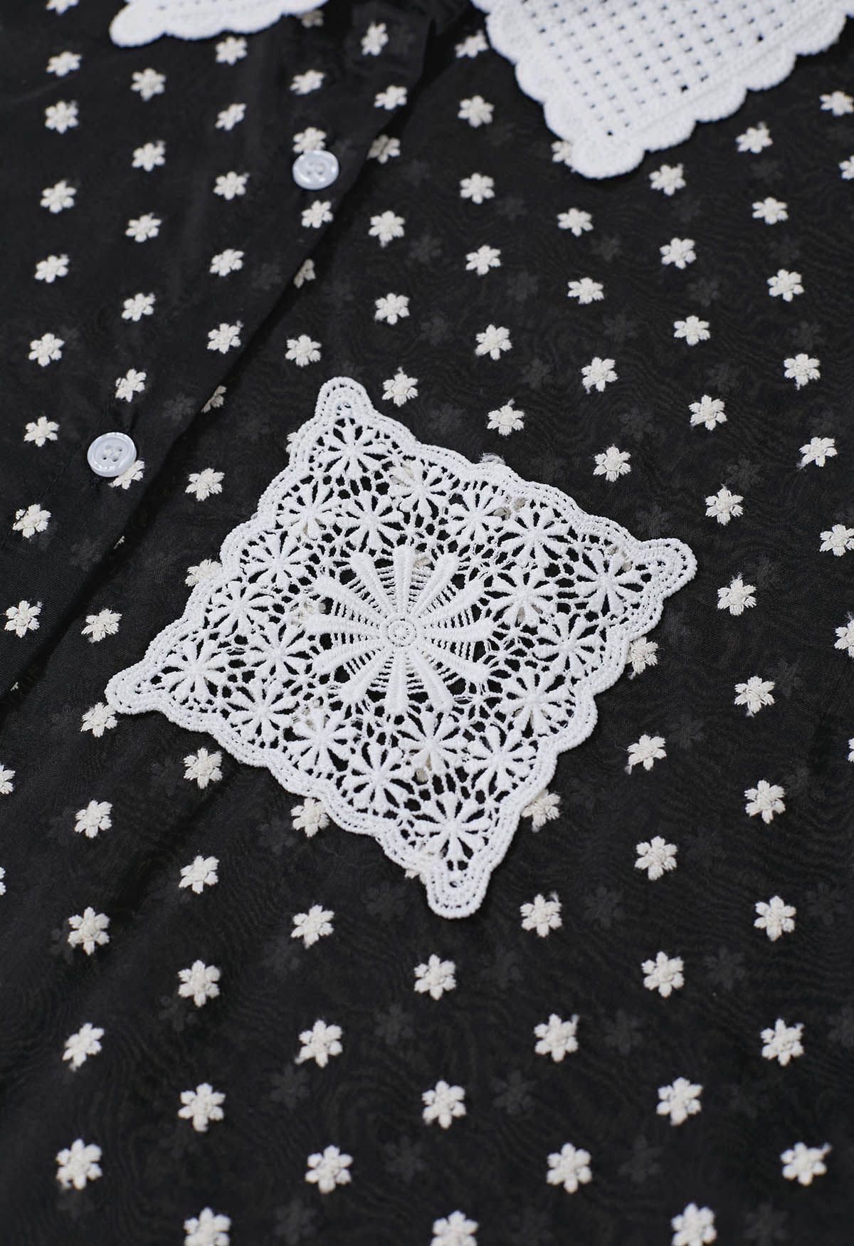 Lace Cutwork Pocket Embroidered Drawstring Shirt in Black