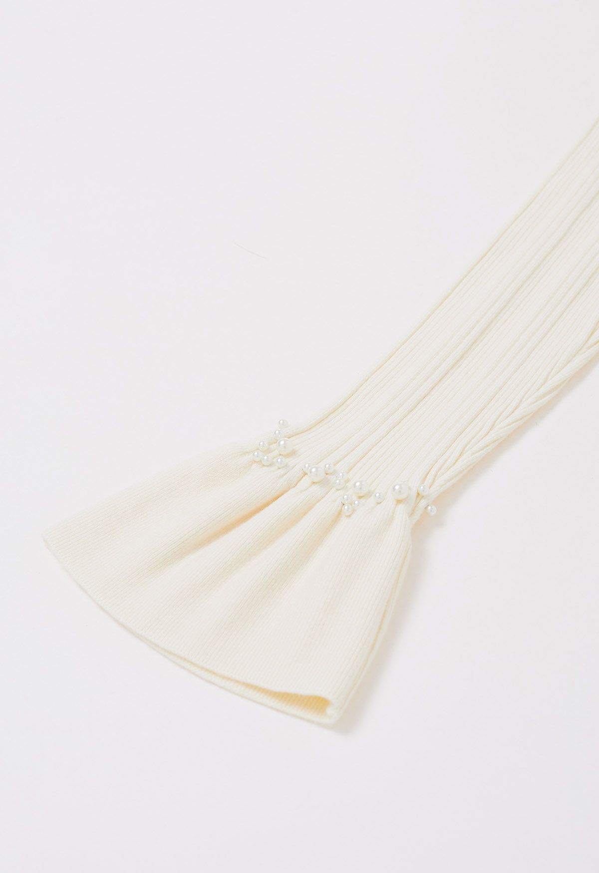 Pearl Adorned Flare Cuffs Ribbed Knit Top in Cream
