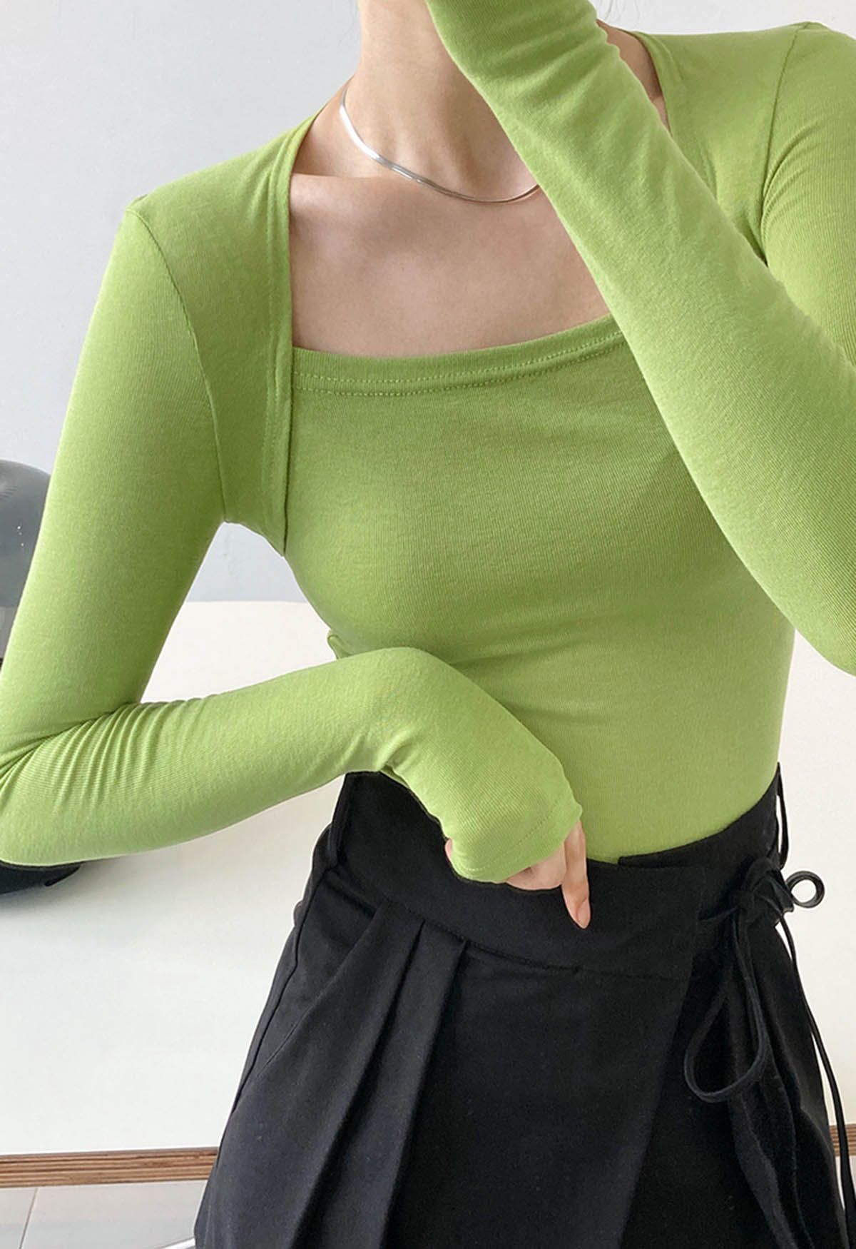 Solid Color Square Neck Soft Top in Green