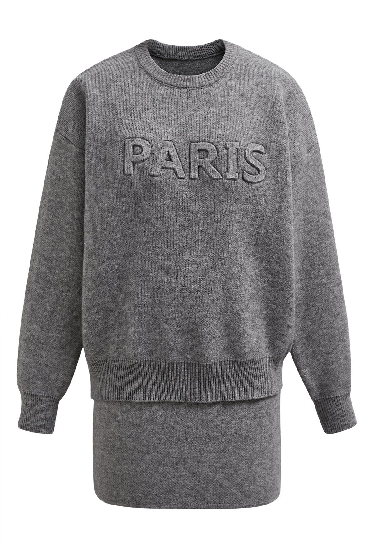 Paris Letter Knit Sweater and Skirt Set in Grey