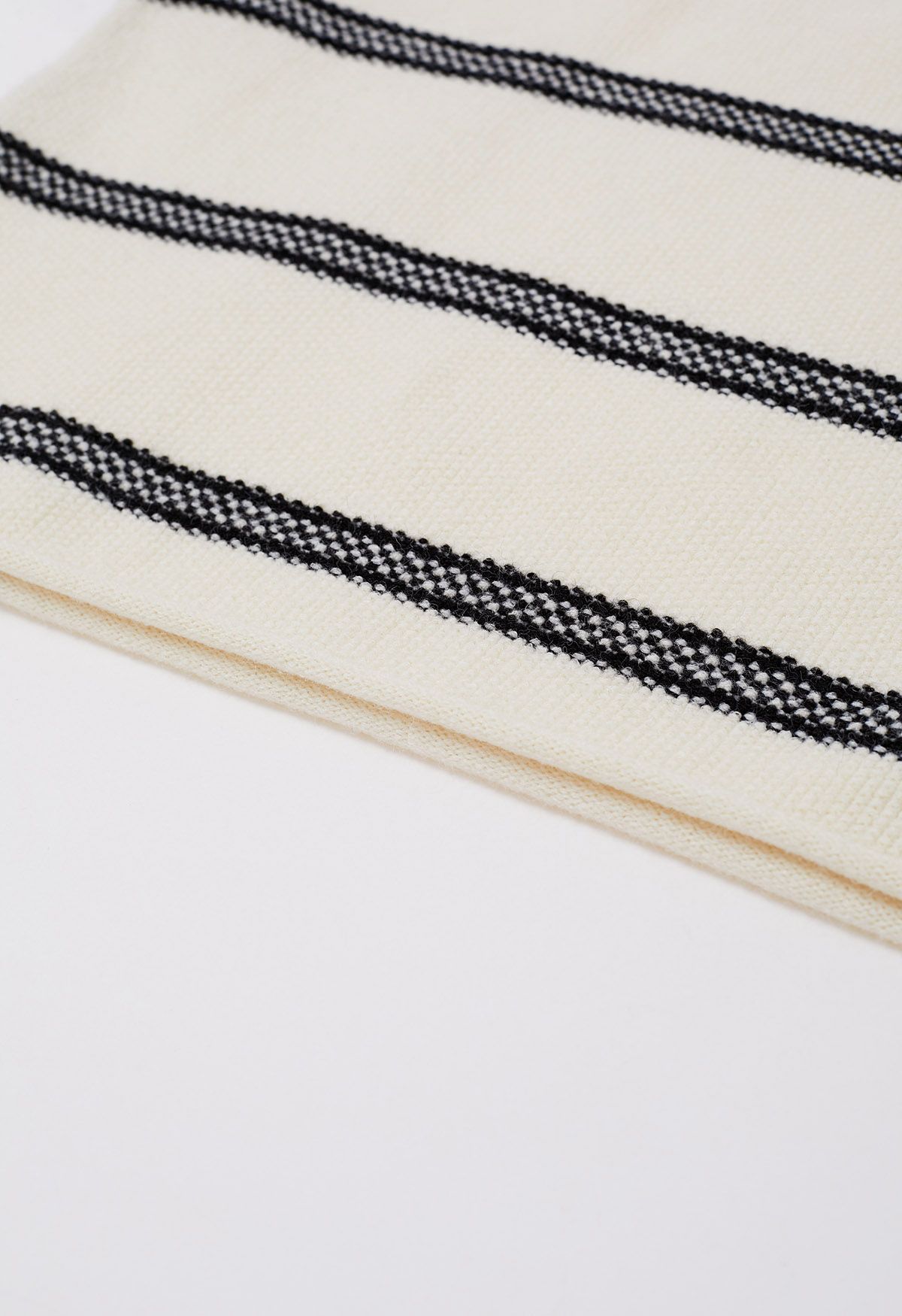 Denim Sleeve Spliced Striped Knit Sweater in Cream