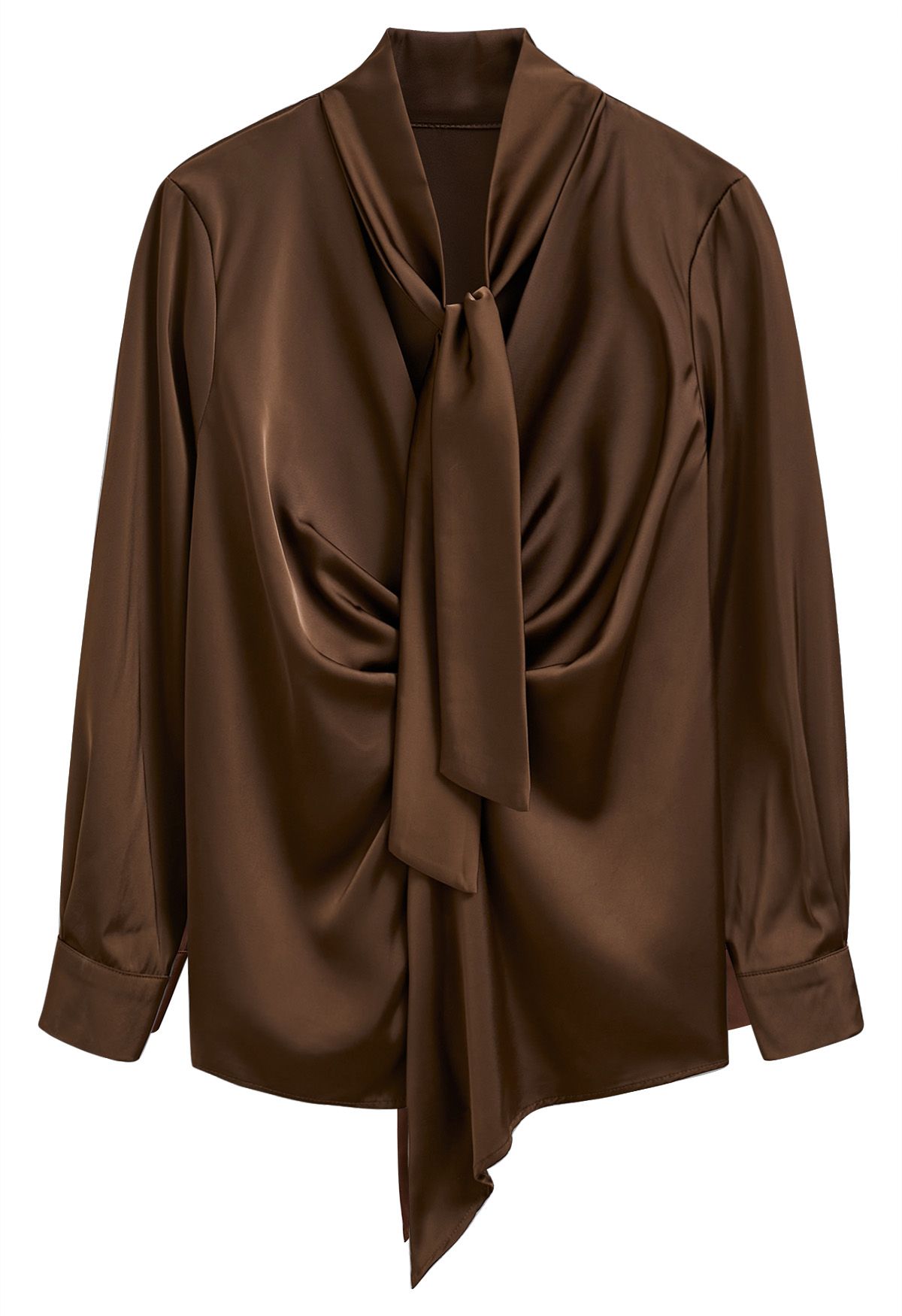 Tie Sash V-Neck Ruched Satin Top in Brown