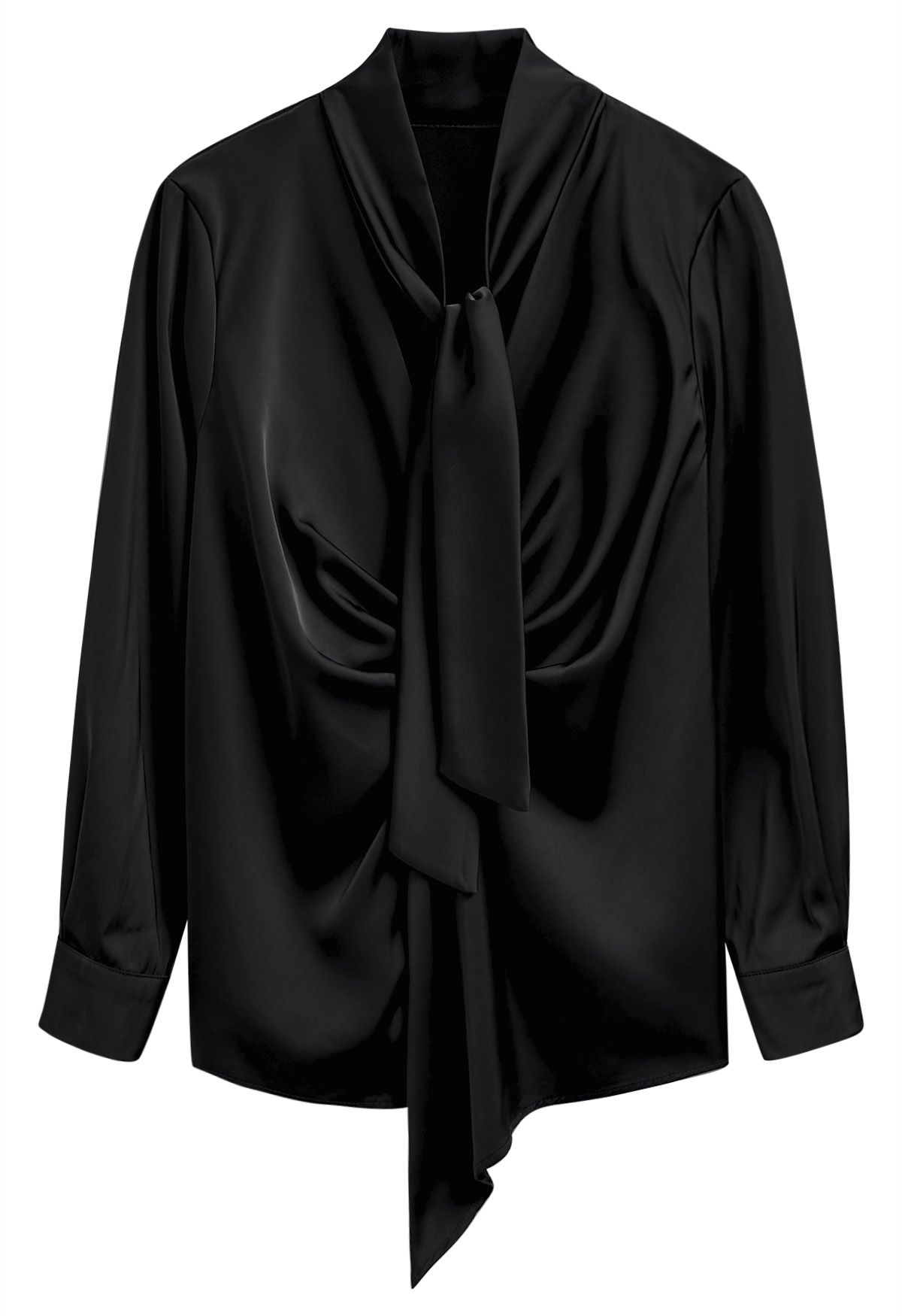 Tie Sash V-Neck Ruched Satin Top in Black