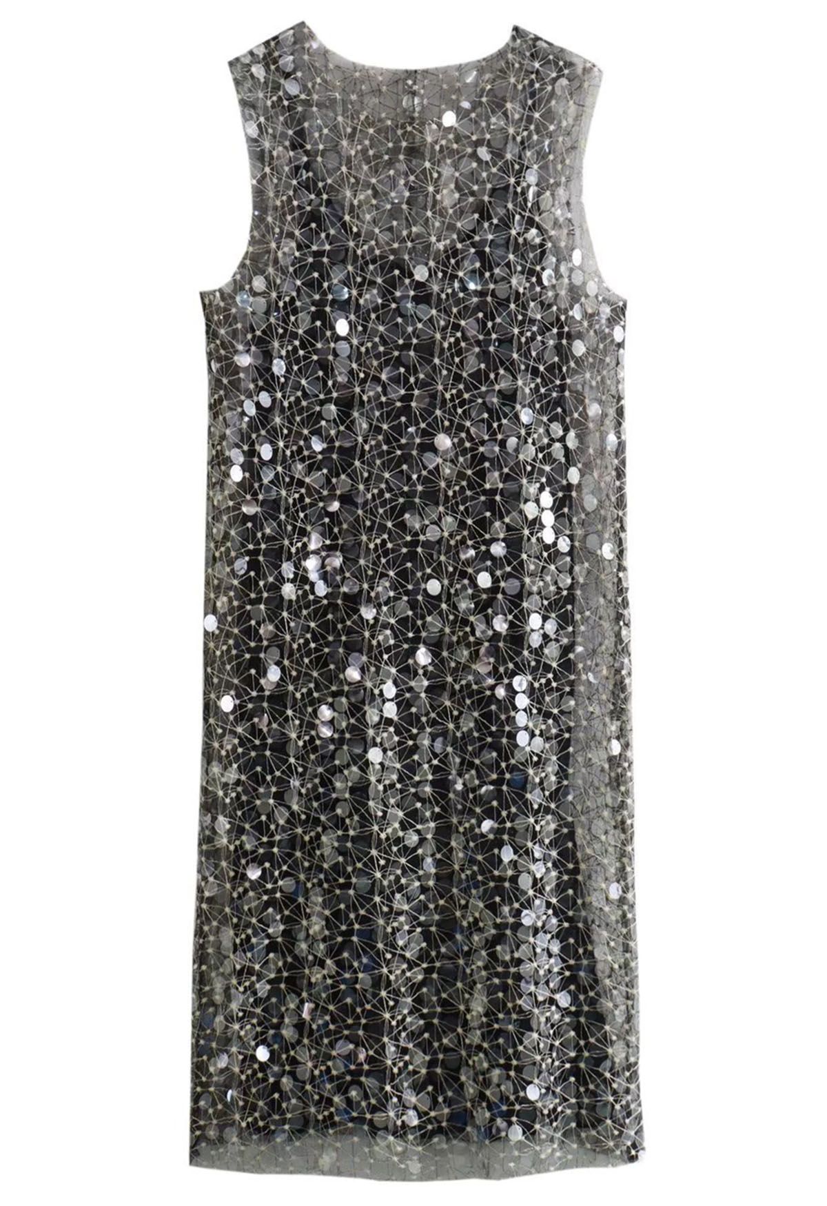 Embroidered Sequin Mesh Sleeveless Dress in Black